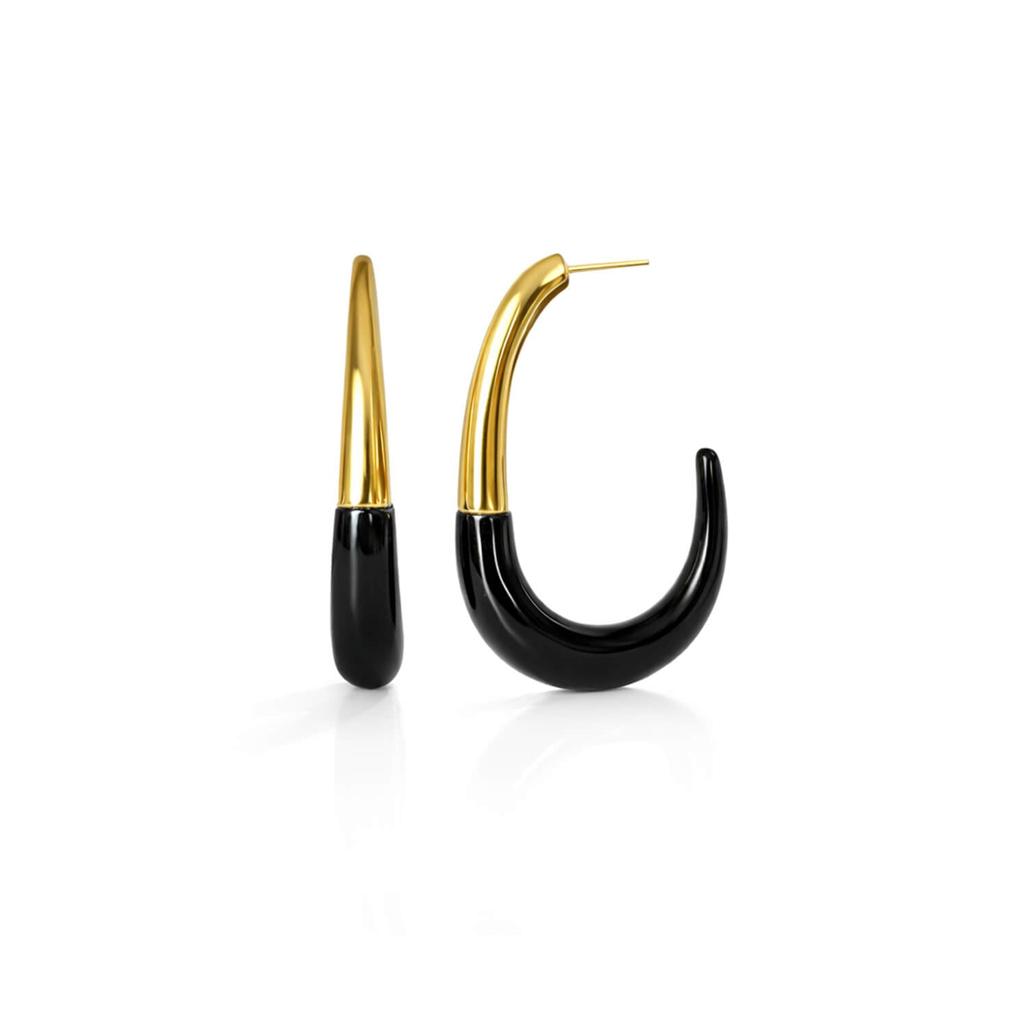 Black and gold hoop earrings on a white background