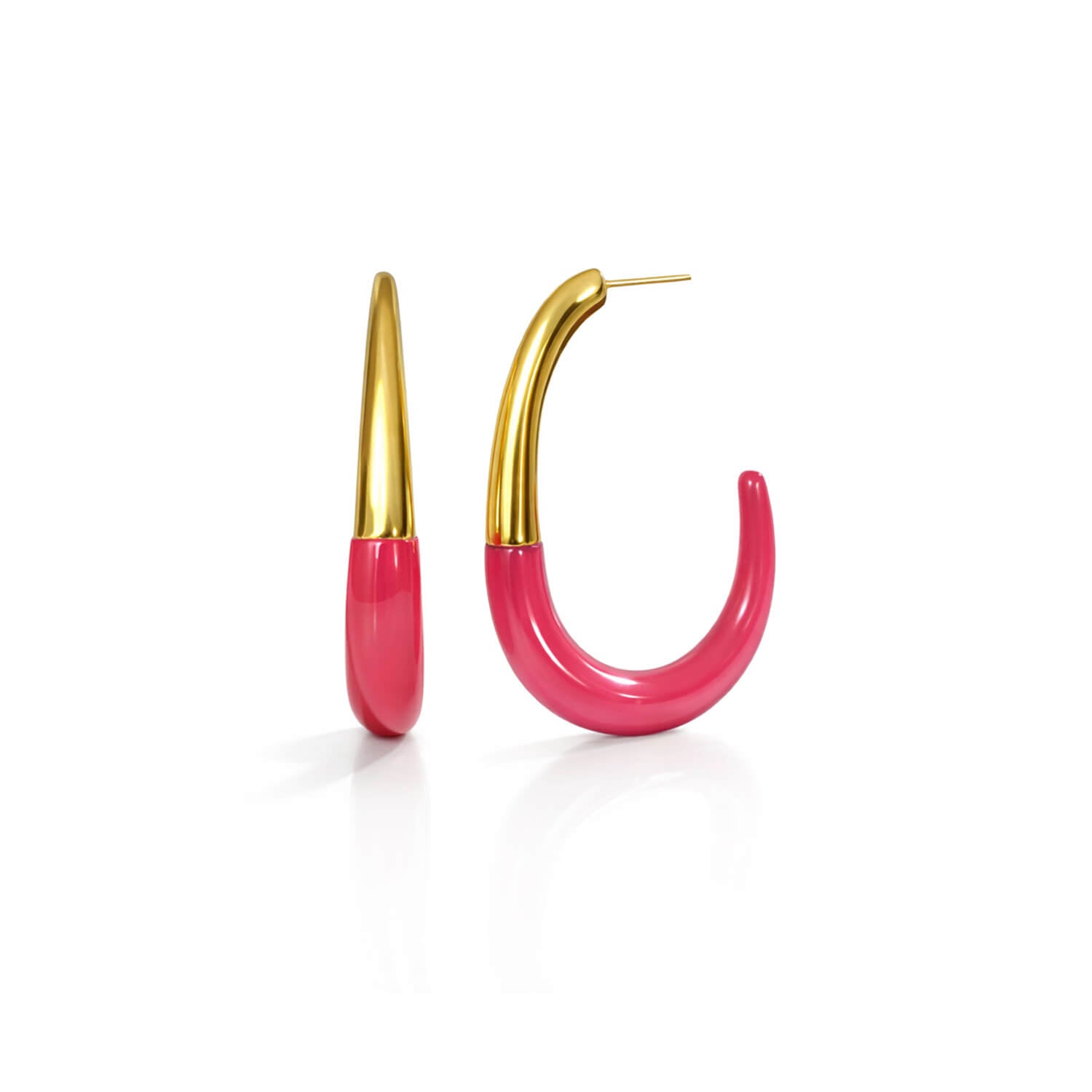 Gold and pink hoop earrings on a white background