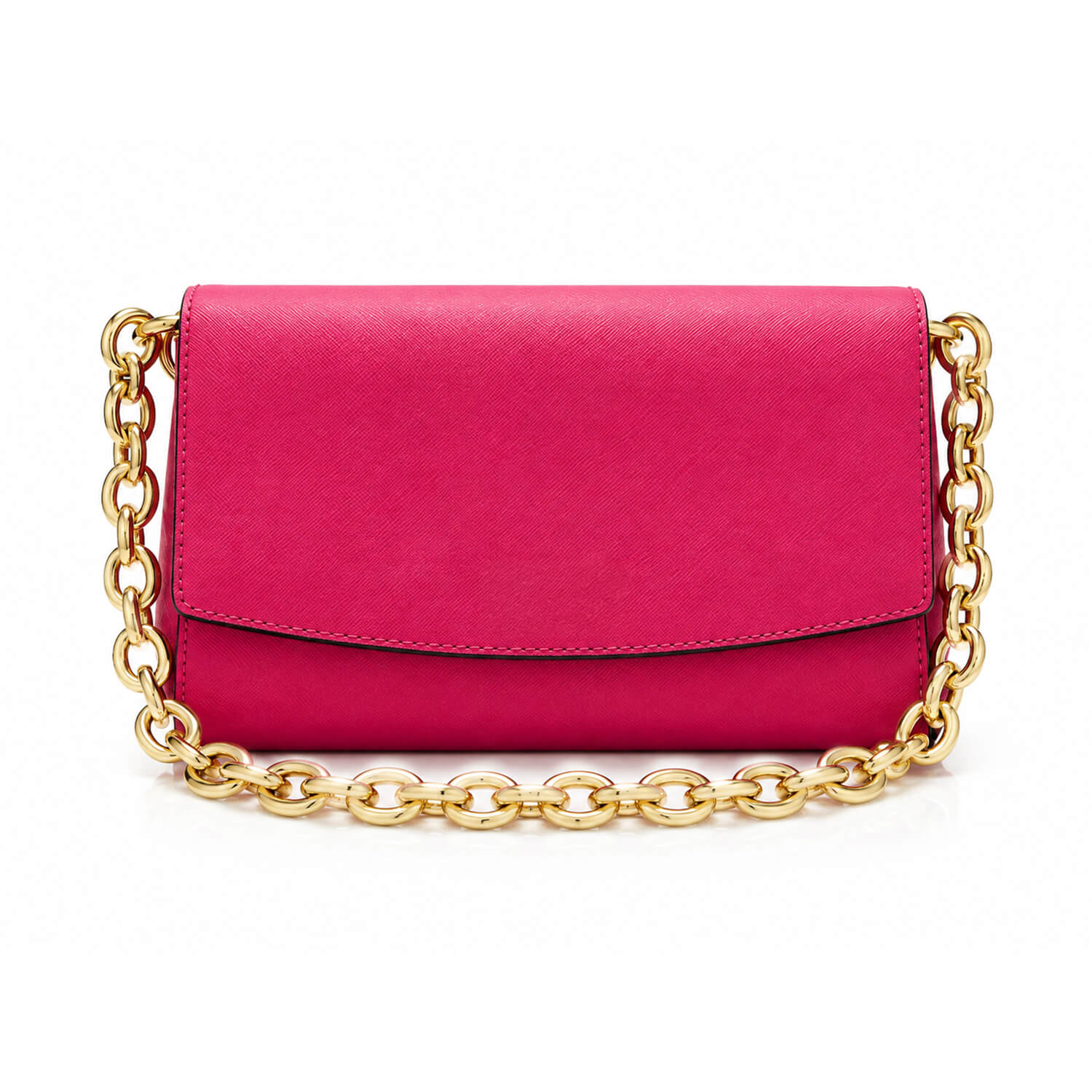 A bright pink leather clutch bag with a gold chain strap, displayed on a clean white background.