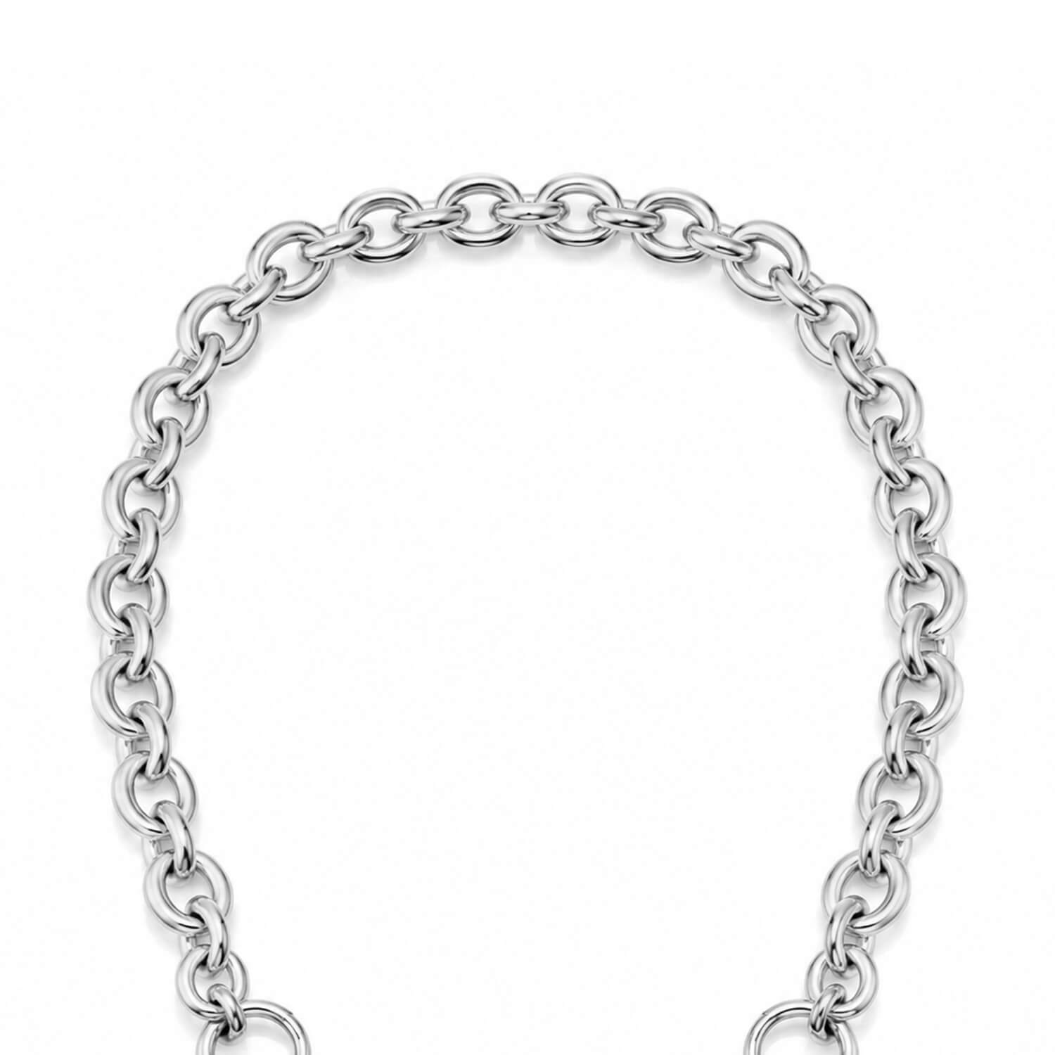 A close-up of a polished silver-toned metal chain links on a plain white background.