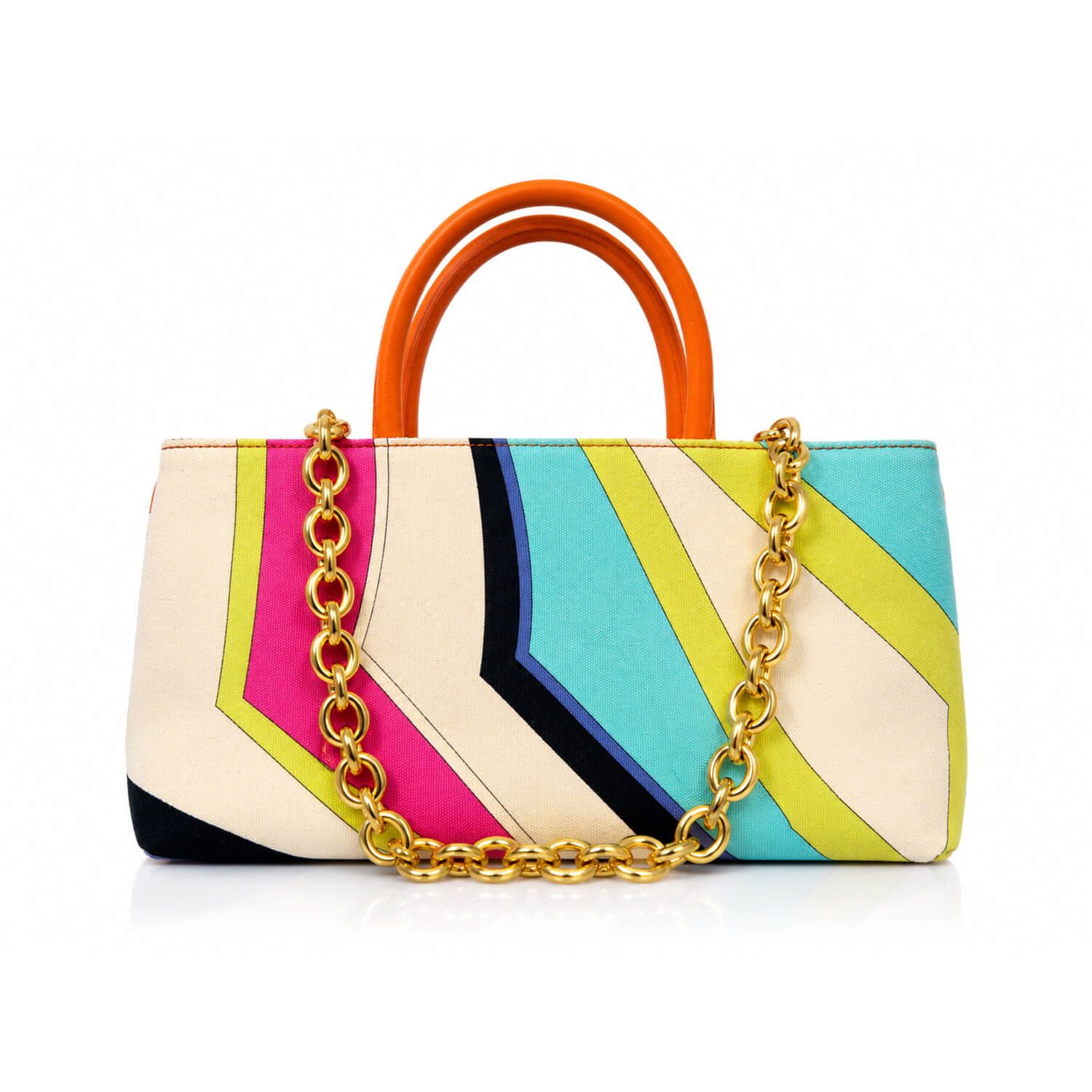 A structured handbag with a colorful geometric chevron pattern in pink, blue, yellow, and cream, featuring a bright orange top handle and a gold chain strap, set against a plain white background.