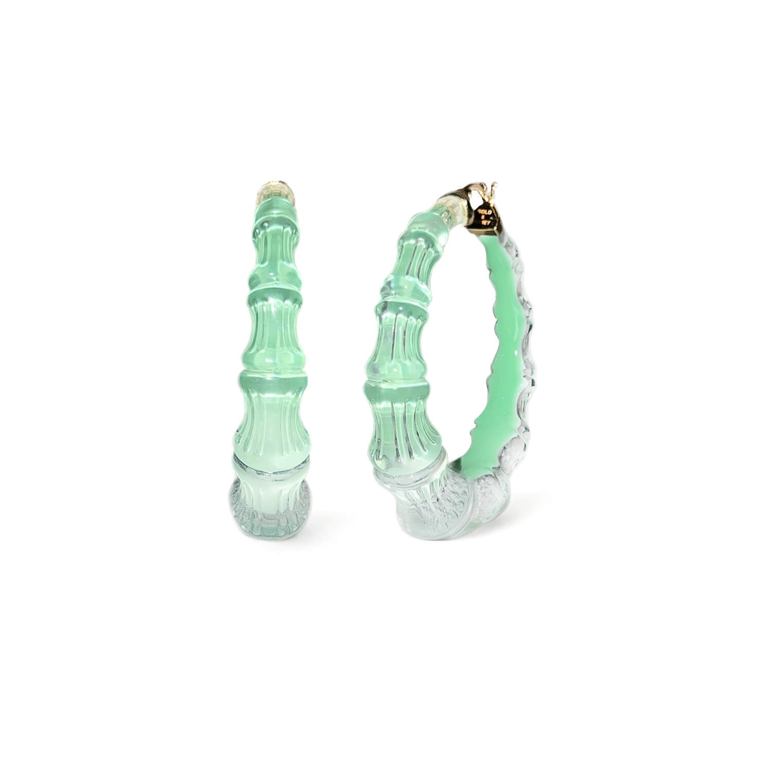 A pair of bold MINT GREEN bamboo hoop earrings with a 14K gold plated sterling silver, handcrafted lucite, and hypoallergenic design.