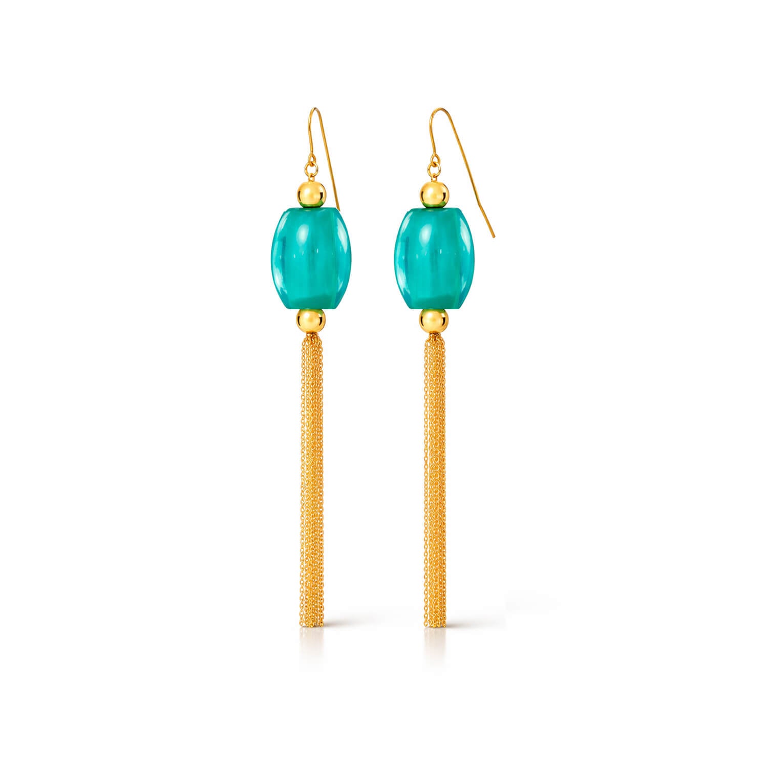 teal earrings with gold tassels on a white background