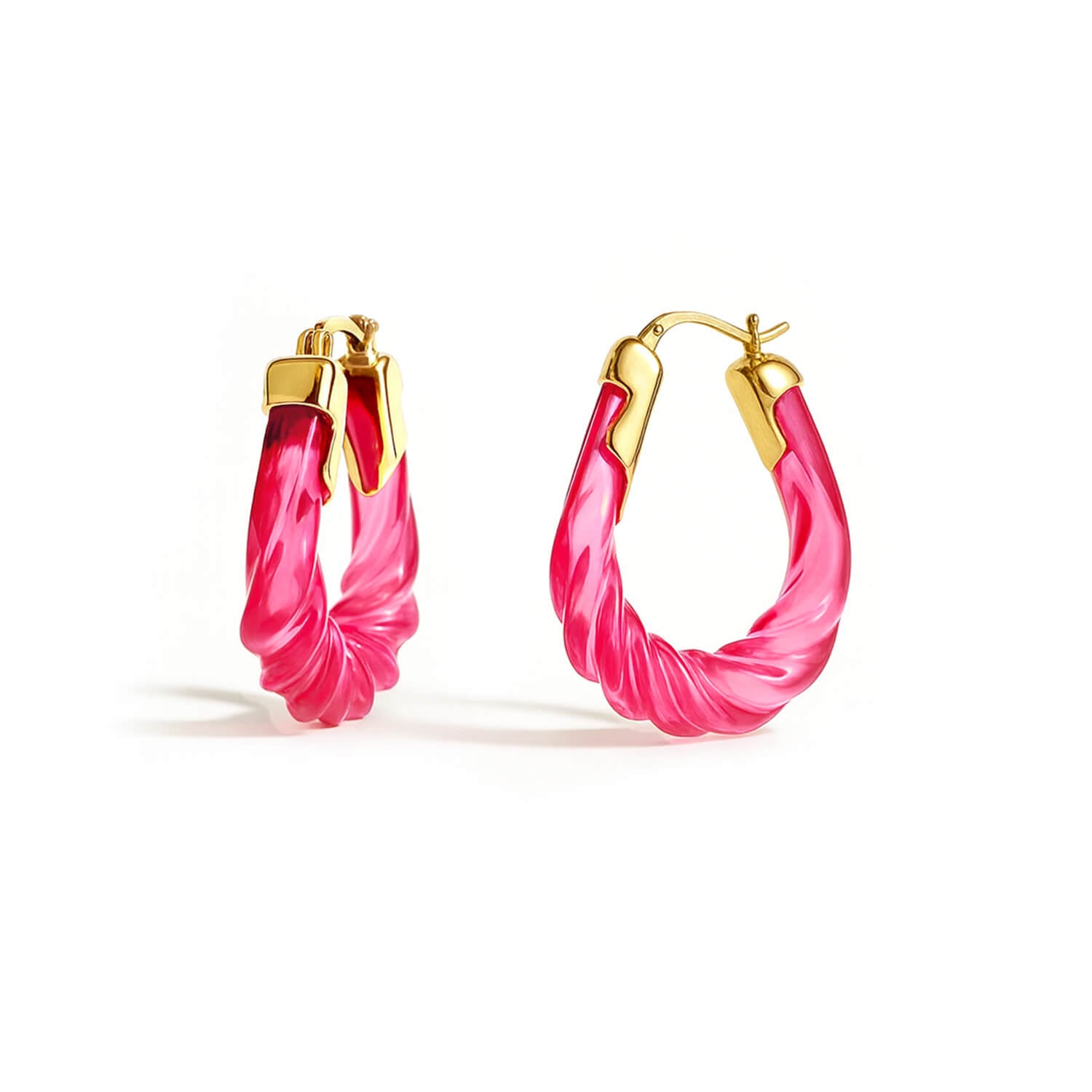 Pink hoop earrings with gold accents on a white background