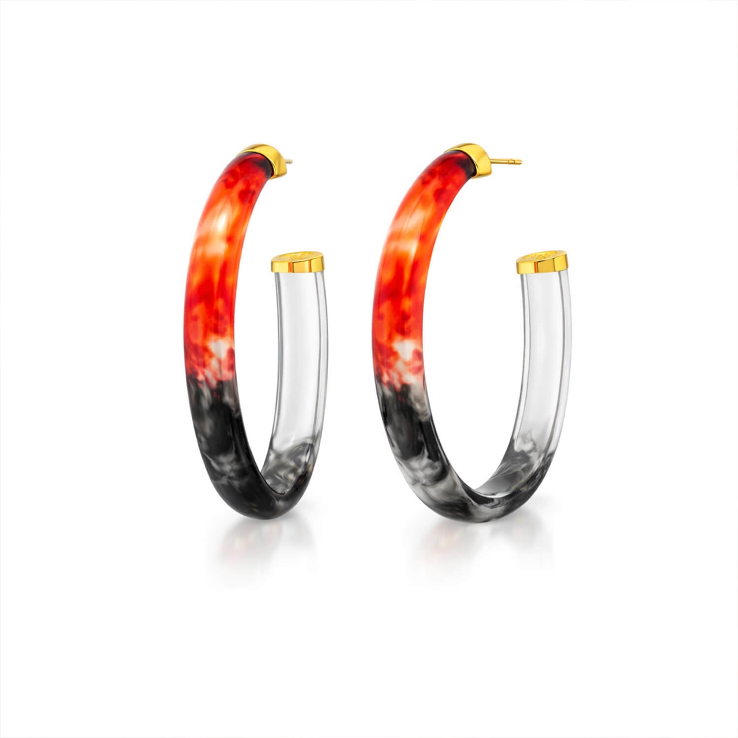 Hoop earrings with red, black, and clear gradient design on a white background