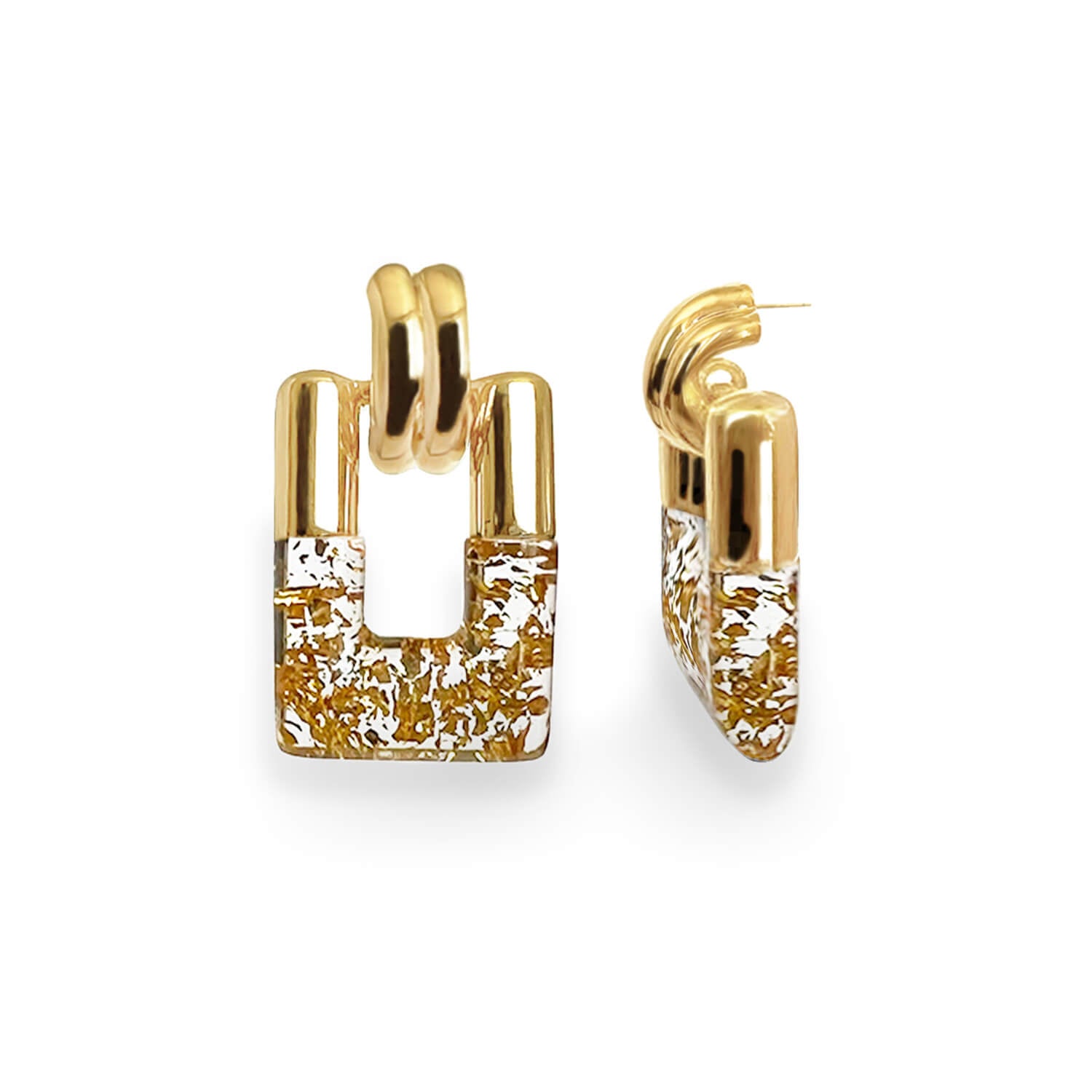 DOOR KNOCKER DROP AND DANGLE EARRINGS IN CLEAR LUCITE WITH 24K GOLD FLAKES
