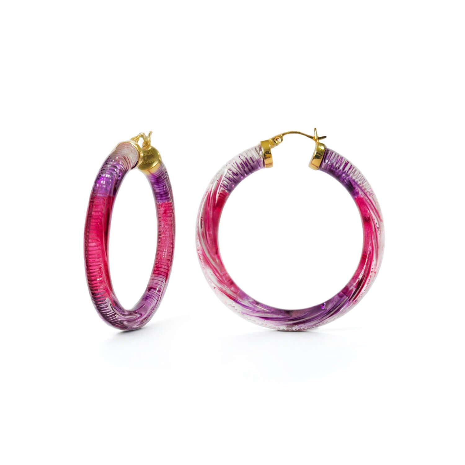 diamond cut earrings in red and purple lucite