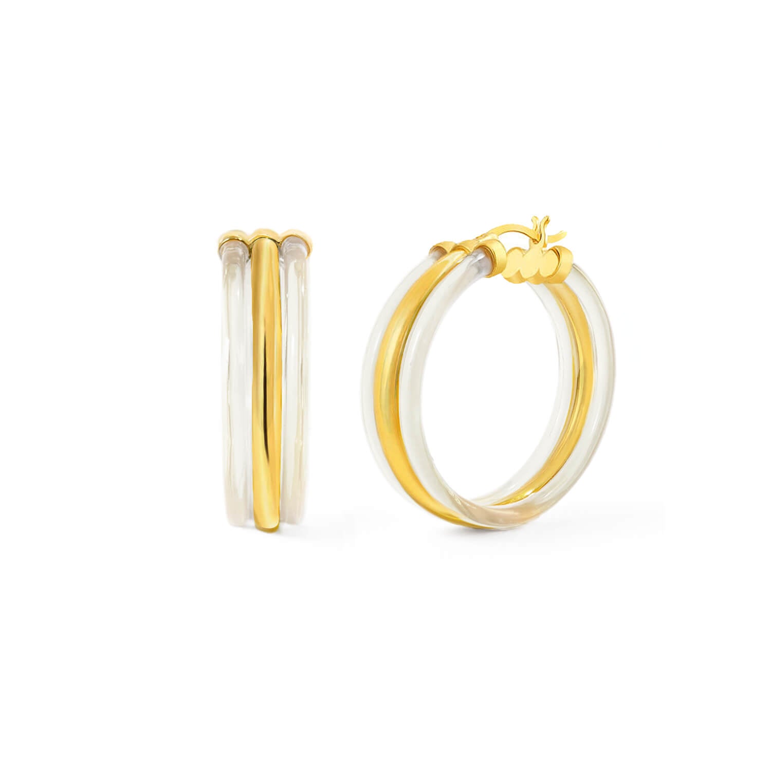 triple hoop earrings in gold and clear lucite