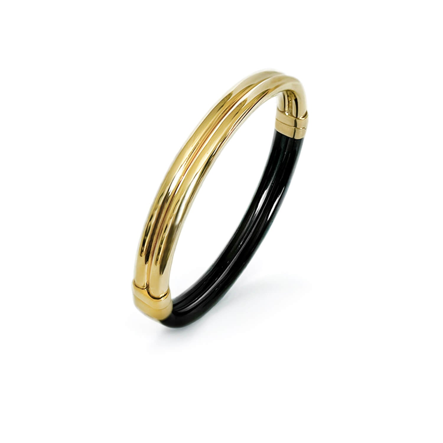 Ridge hinge bangle with lucite and gold in black lucite