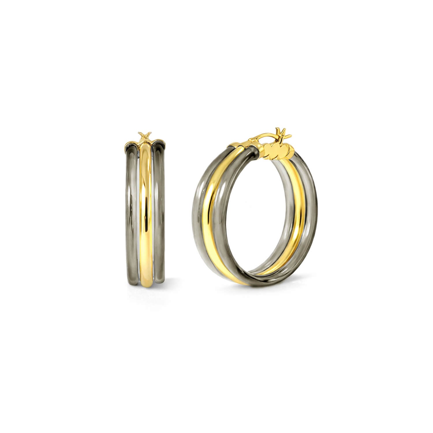 Two-tone hoop earrings on a white background