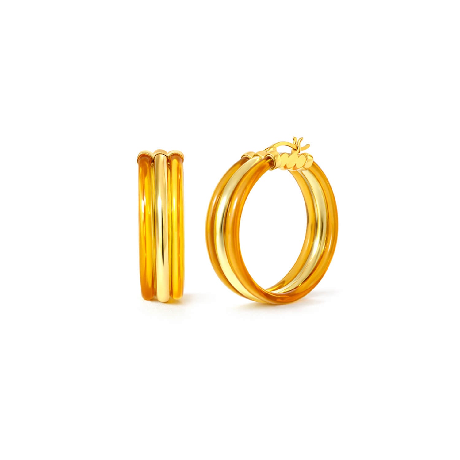 Gold hoop earrings on a white background