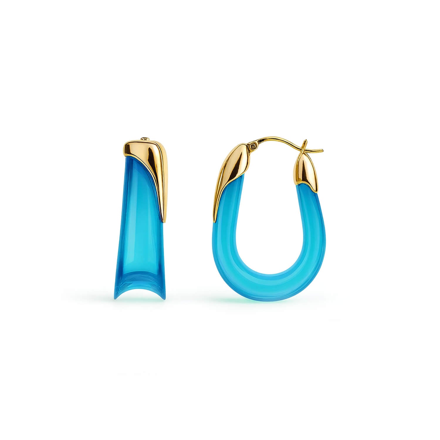 Blue hoop earrings with gold accents on a white background