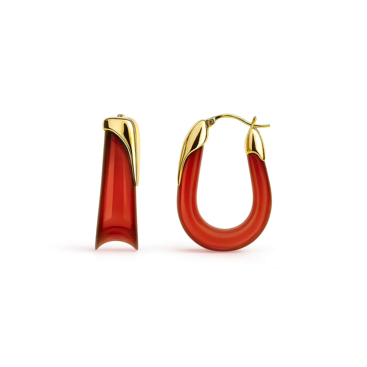Red hoop earrings with gold accents on a white background