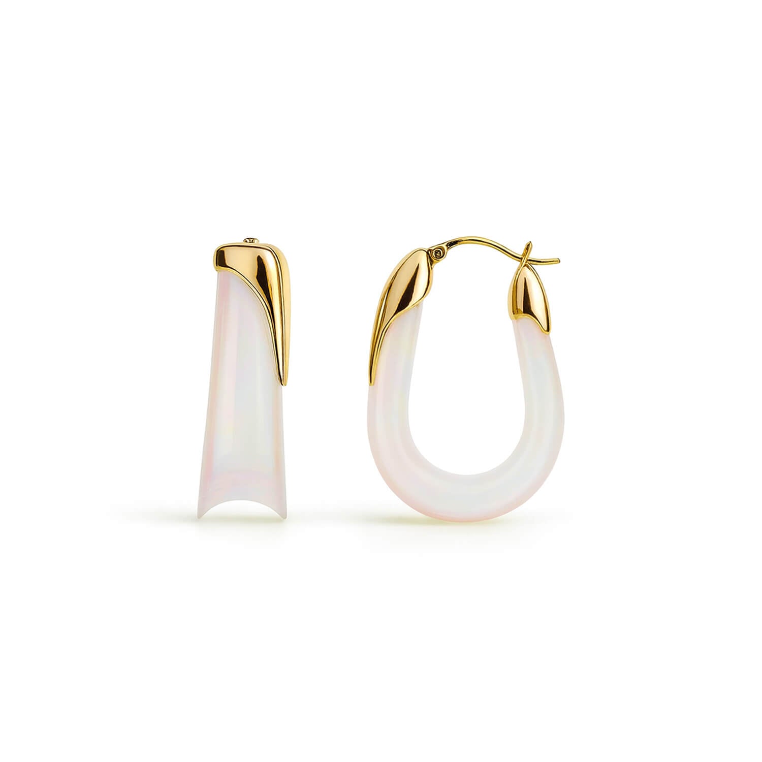 Gold hoop earrings with white on a white background