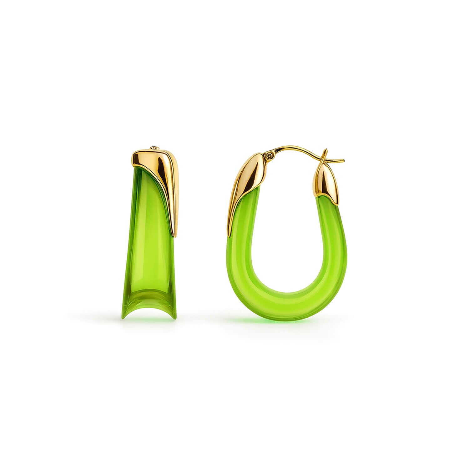 Green hoop earrings with gold accents on a white background