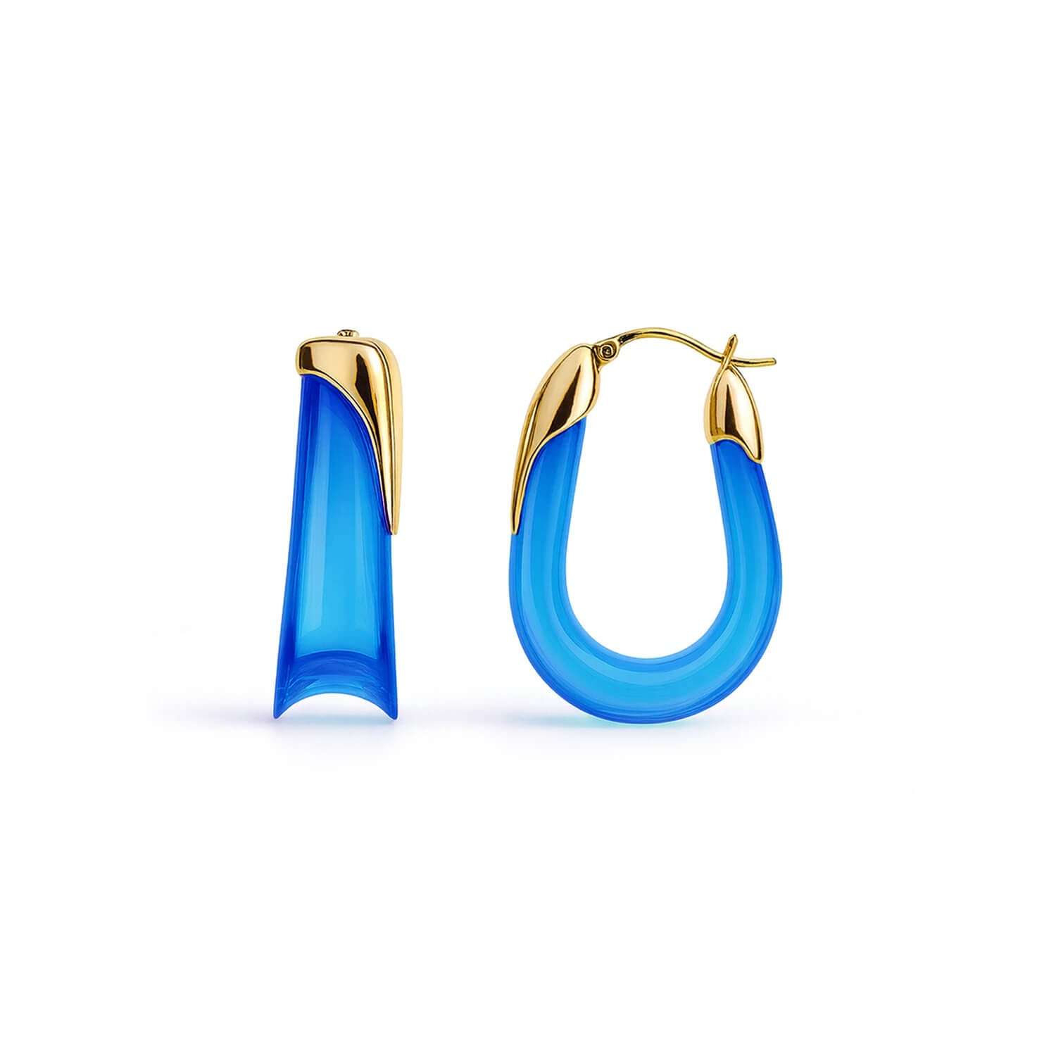 Blue hoop earrings with gold accents on a white background