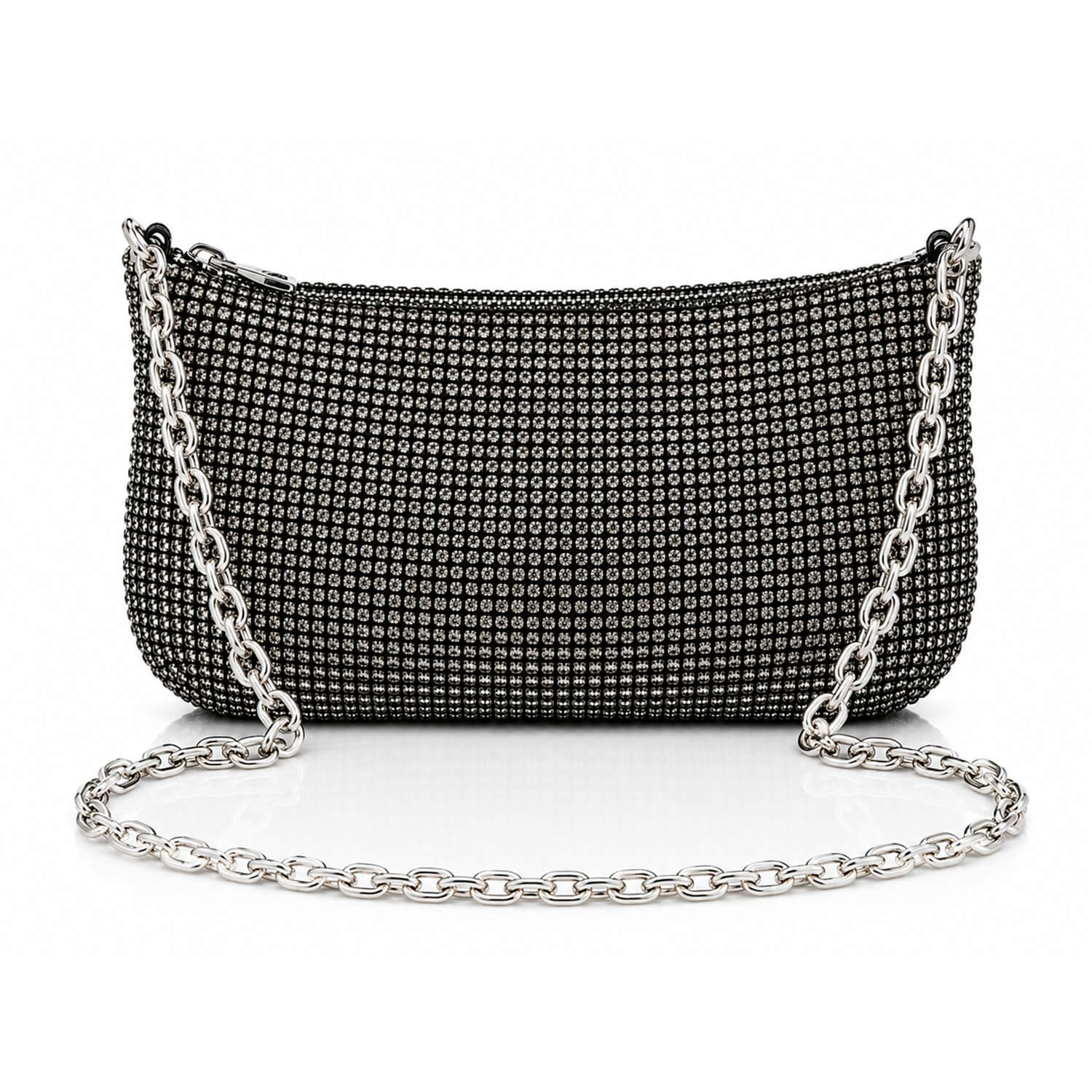 A black rhinestone-embellished shoulder bag with a silver-tone chain strap, displayed on a clean white background.