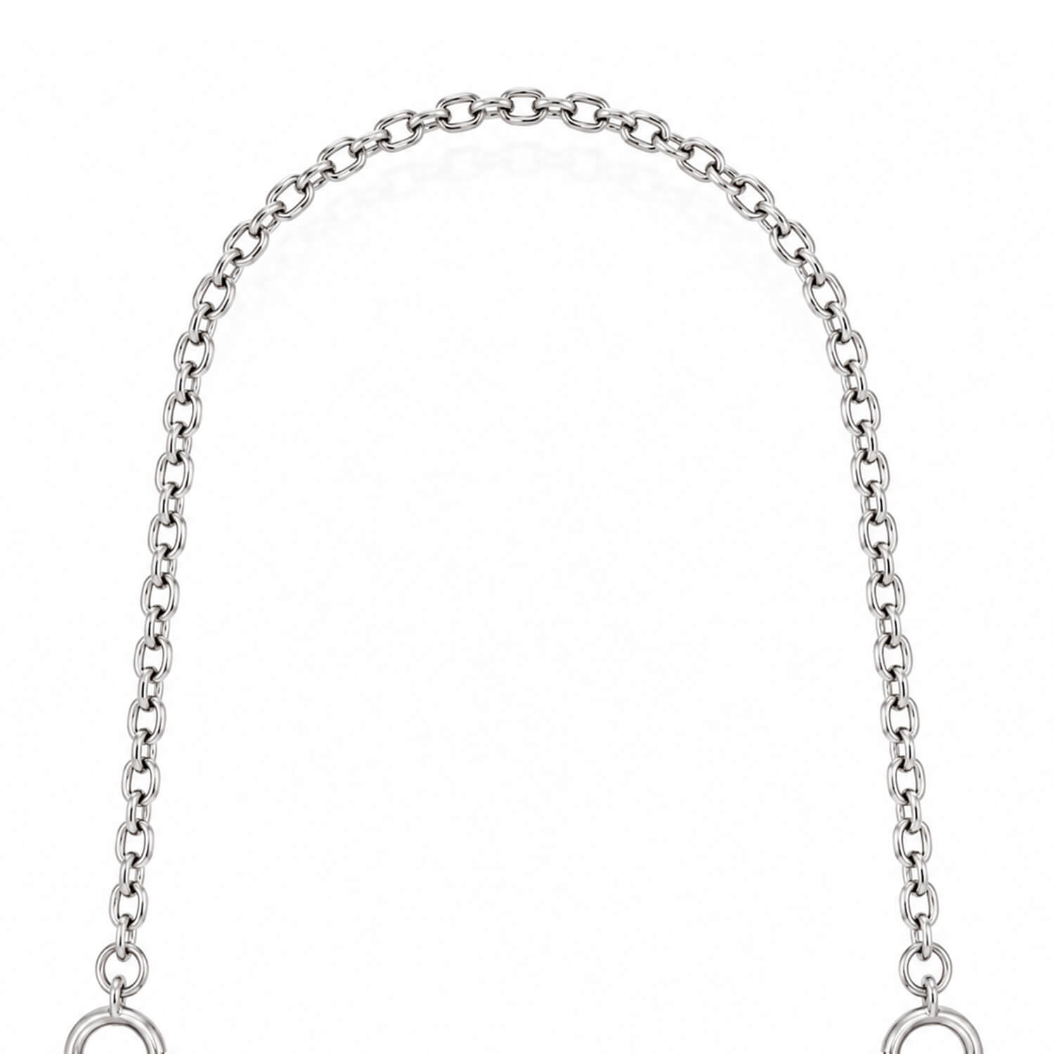 A silver-toned metal chain extender with two circular ring connectors at the bottom ends, shown on a plain white background.