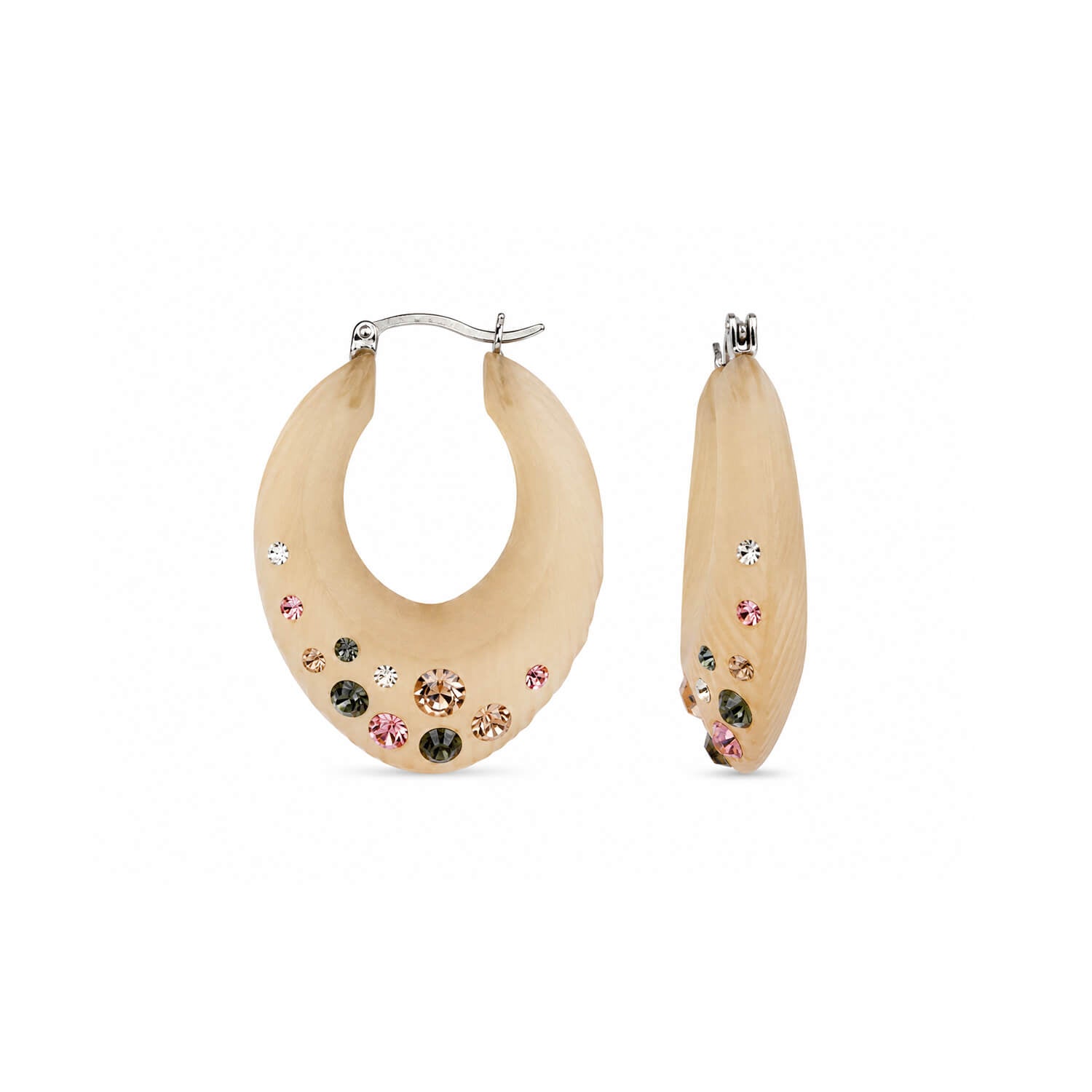 Beige hoop earrings with embedded multicolored stones on a white background