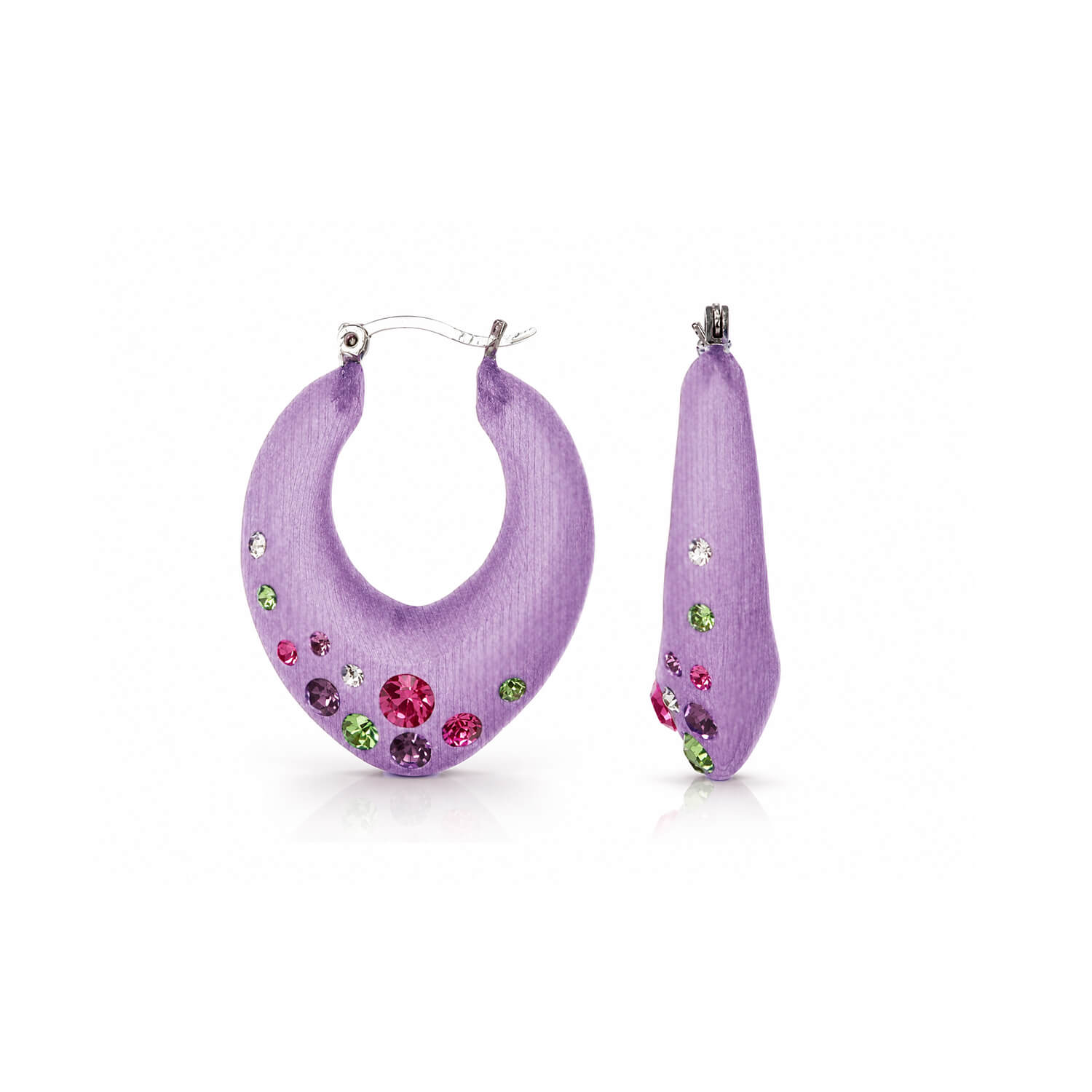 Purple hoop earrings with colorful gemstones on a white background