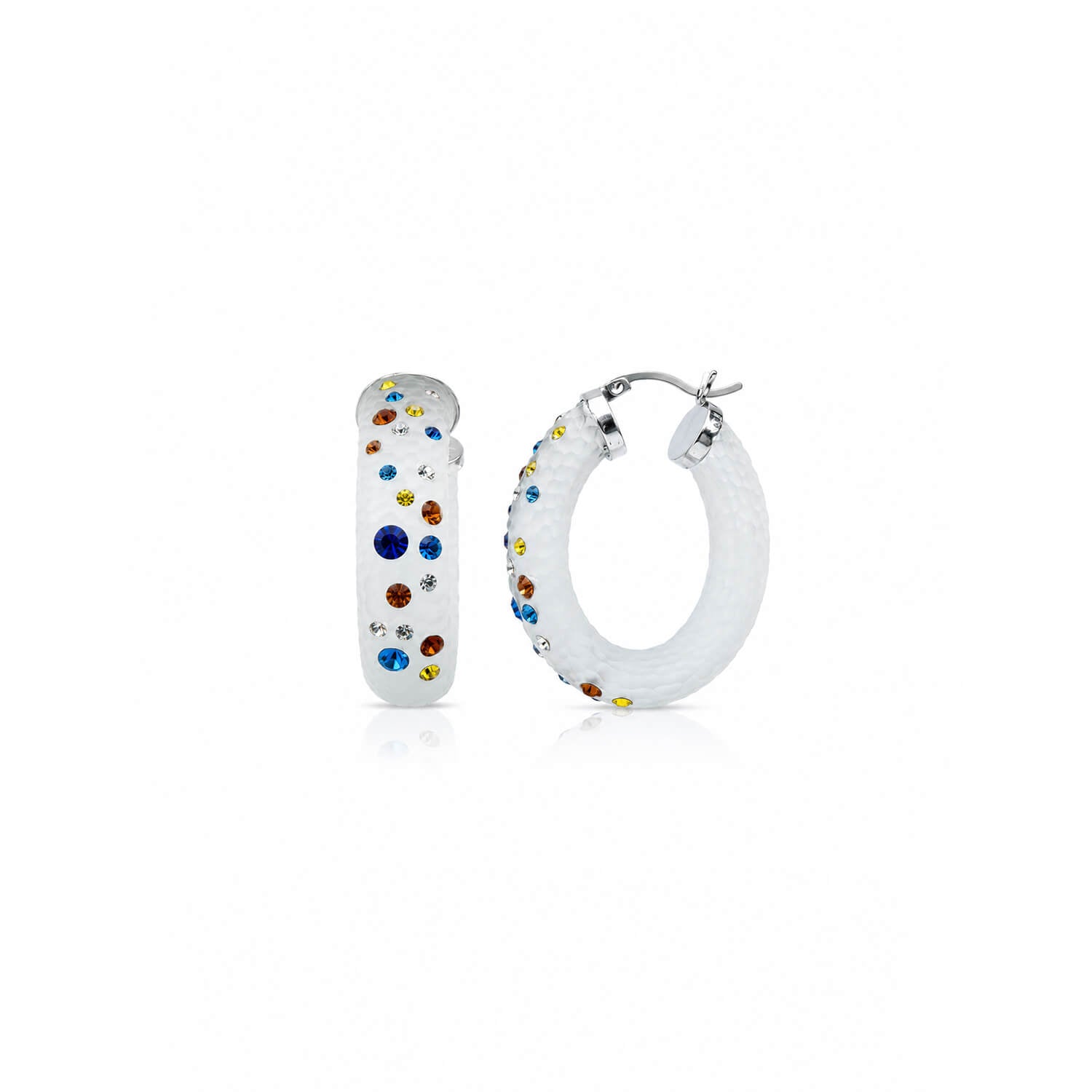 White hoop earrings with multicolored gemstones on a white background