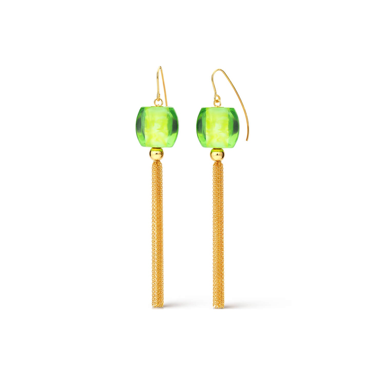 Pair of earrings with green beads and gold tassels on a white background