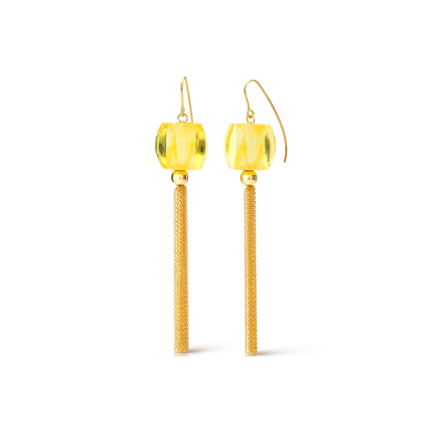 Pair of yellow earrings with gold tassels on a white background