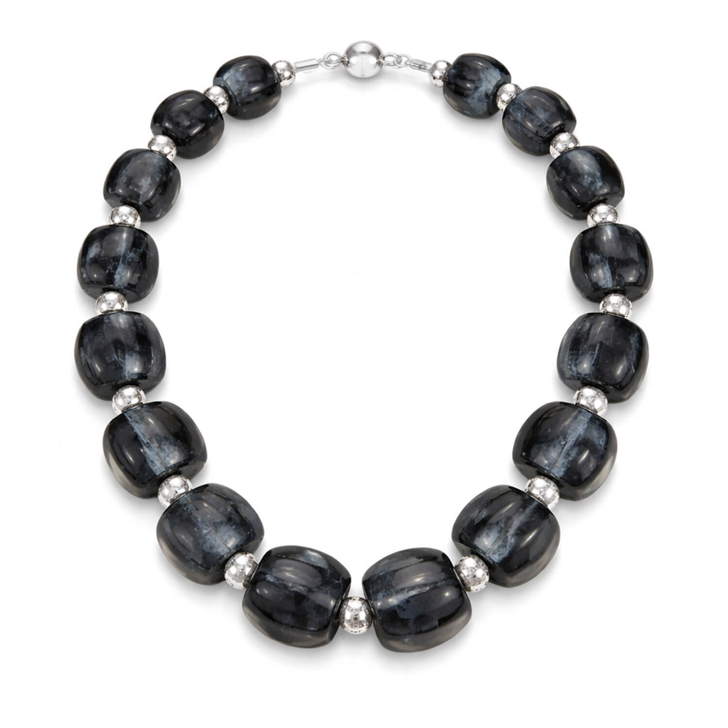 Necklace with BLACK beads and silver accents on a white background