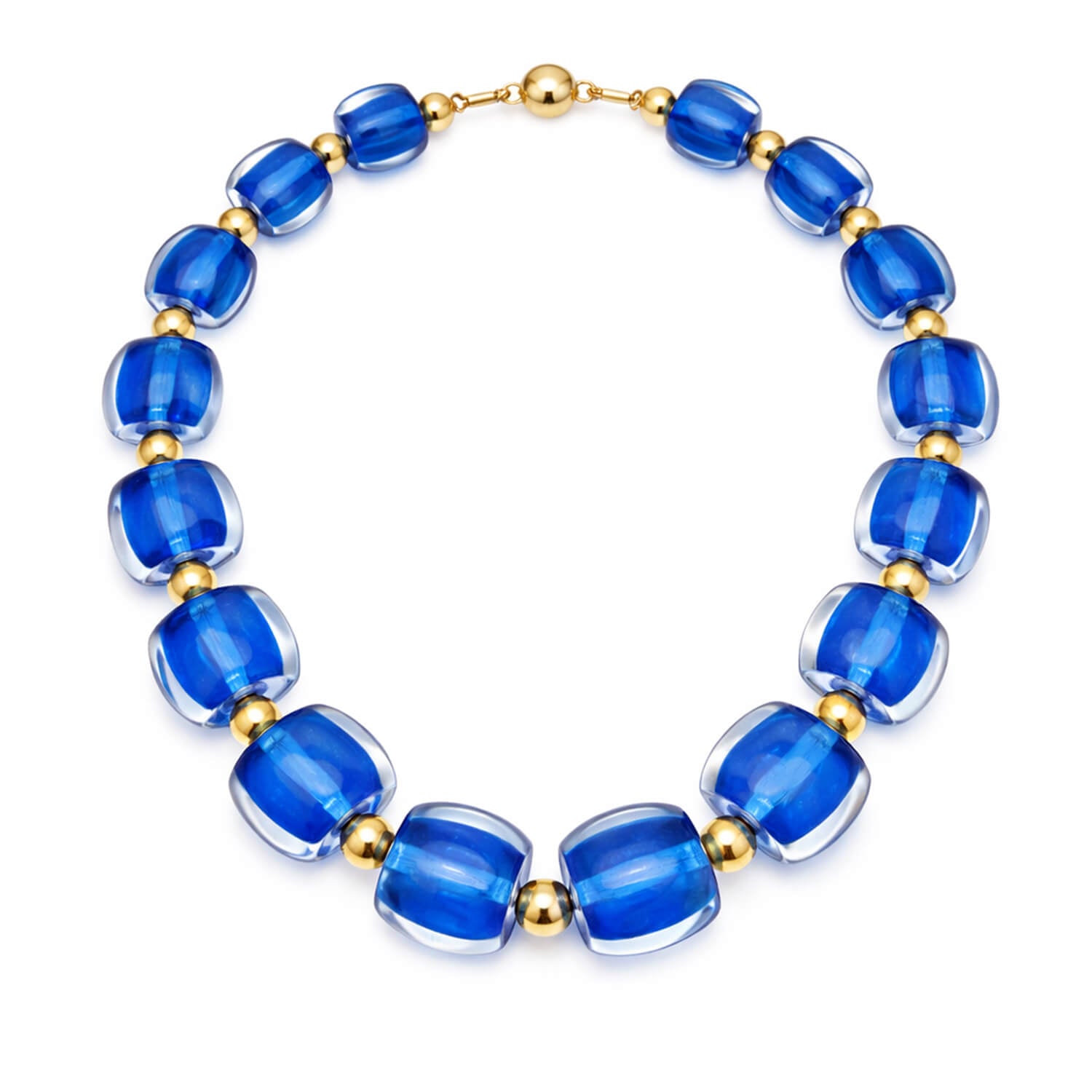 Blue beaded necklace with gold accents on a white background