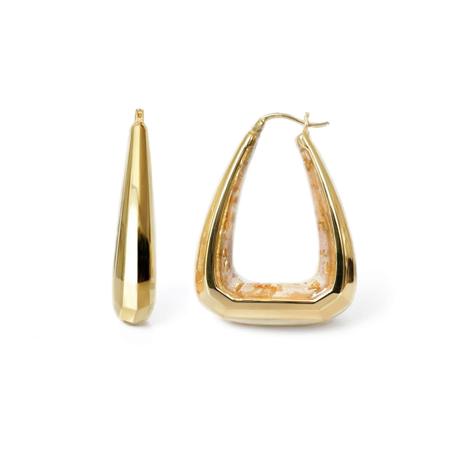 A pair of gold-colored hoop earrings with a triangle gem cut design, featuring a clear and hold inner hoop section.
