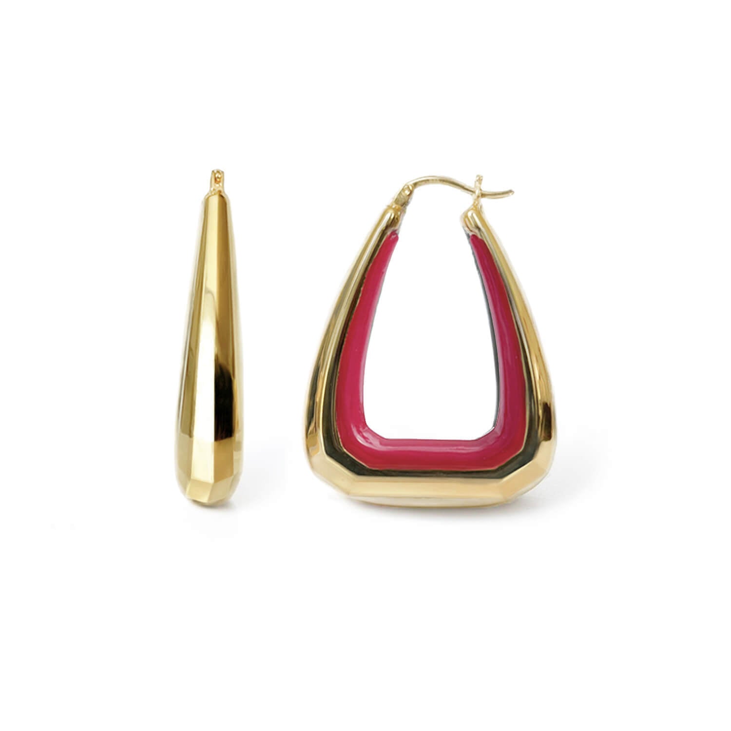 Triangle gem cut hoop earrings gold and pink