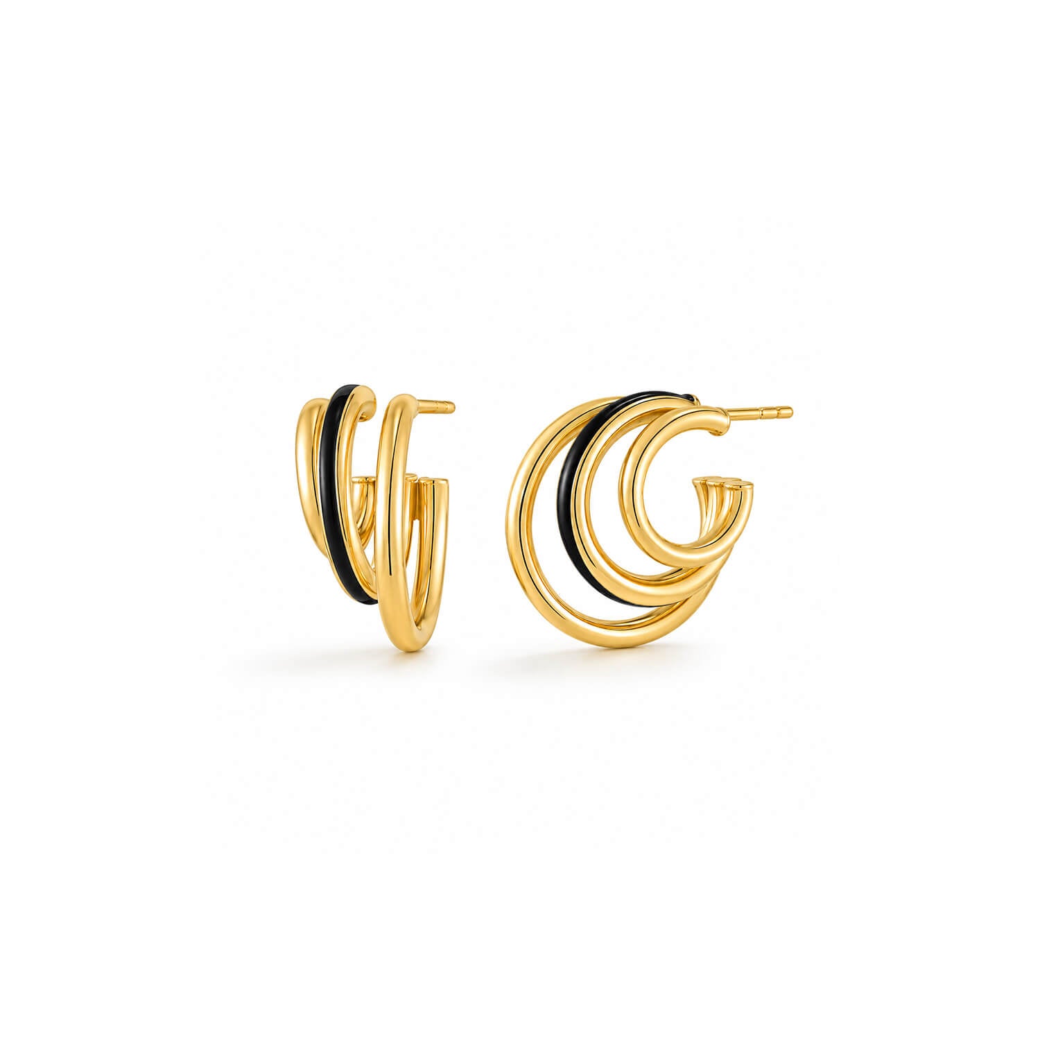 A pair of triple gold hoop earrings with a black accent stripe, shown on a clean white background.