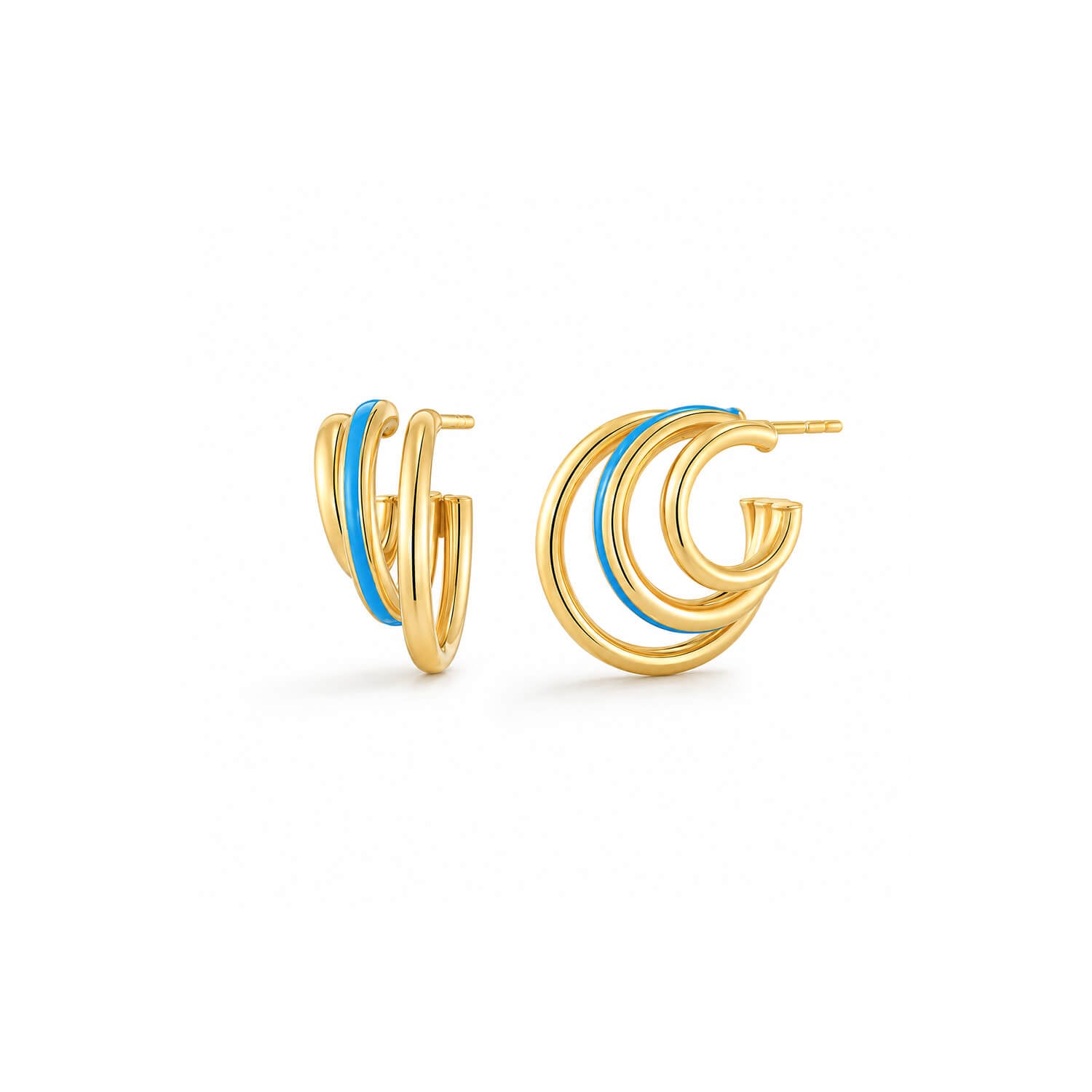 A pair of gold-toned triple hoop earrings with thin blue enamel accents, shown on a clean white background.