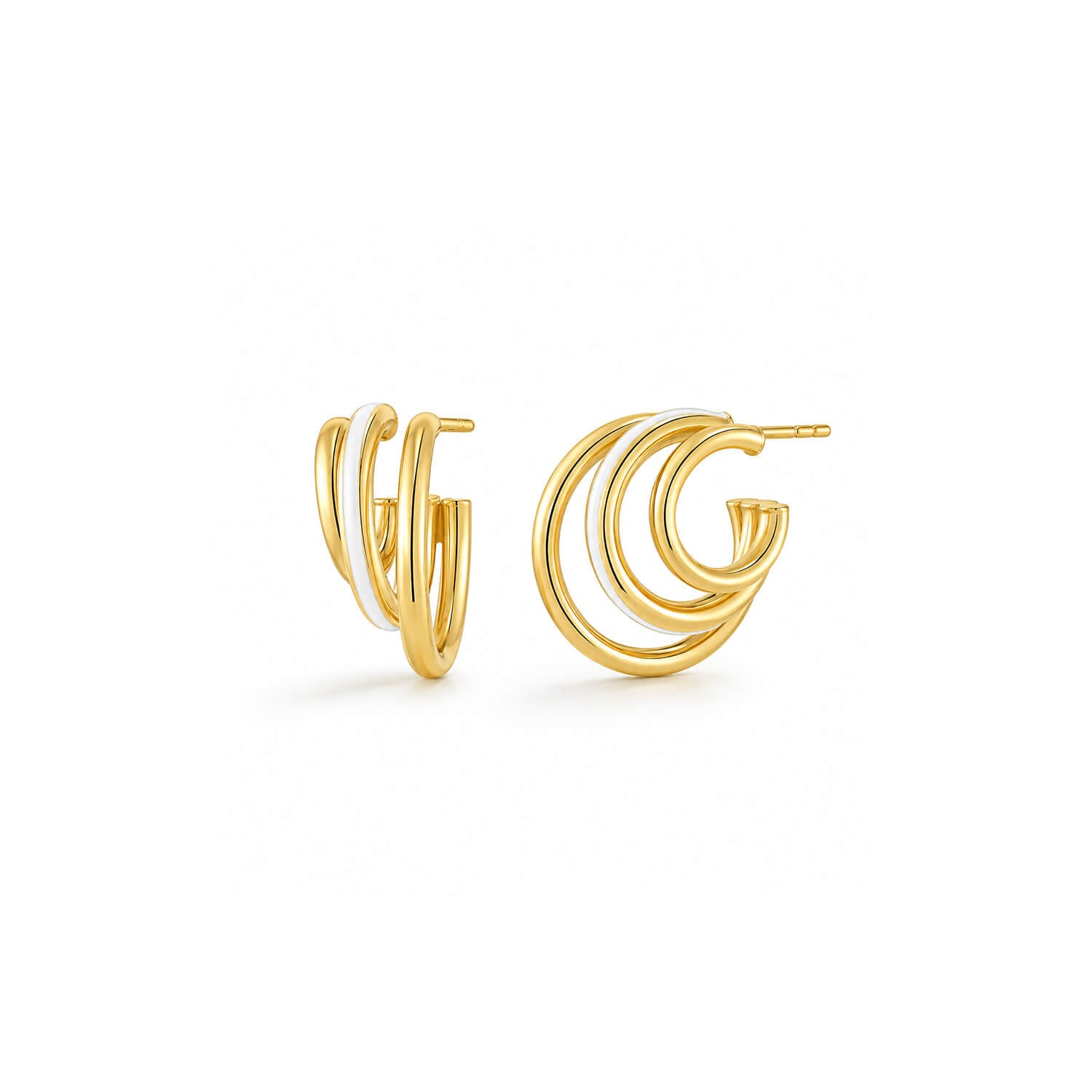 A pair of triple gold-toned hoop earrings with a white inlay, shown from both front and side angles on a clean white background.