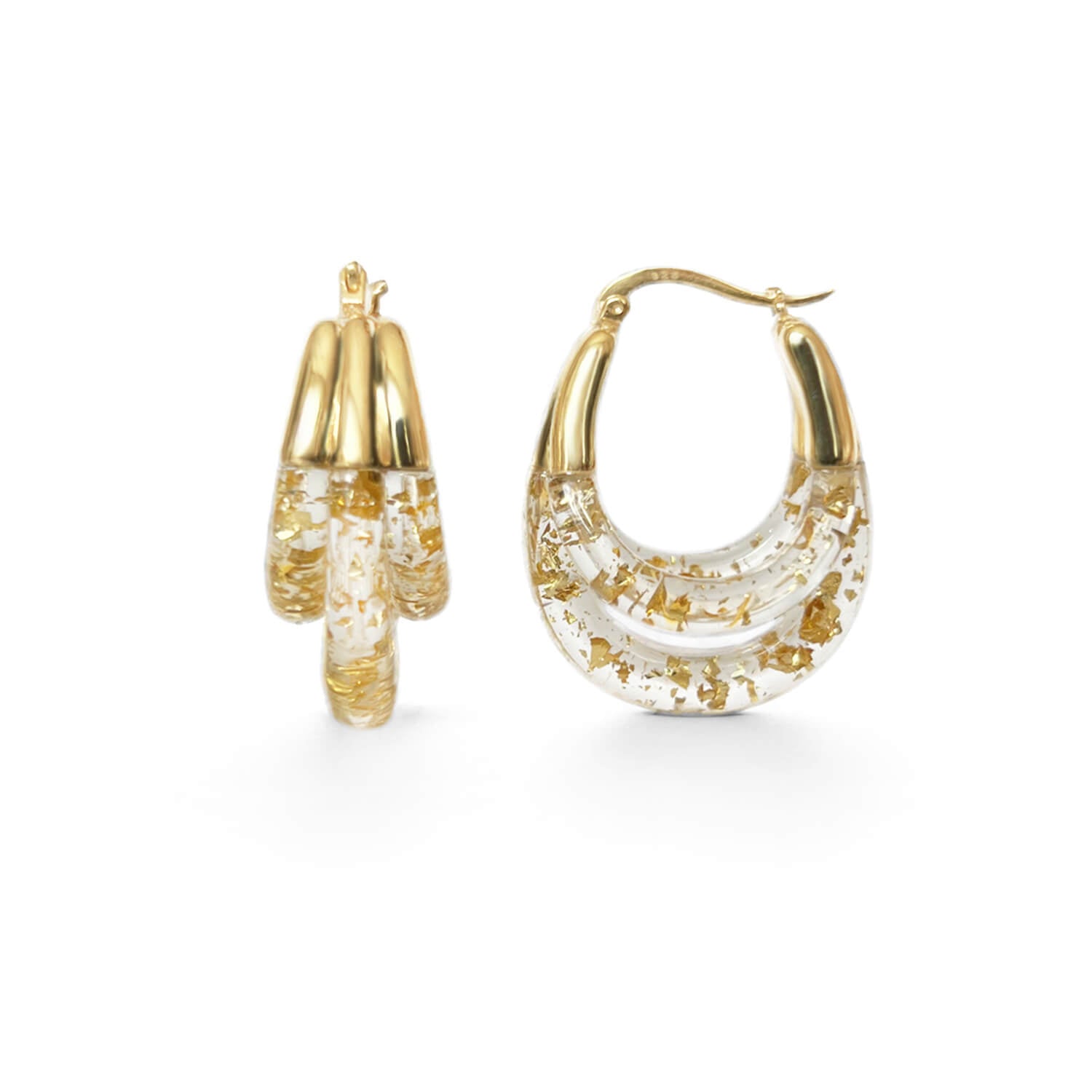 triple hoop earrings with 24k gold leaf flakes and clear lucite