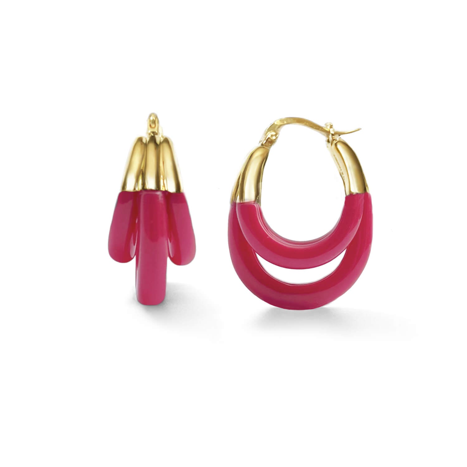 triple hoop earrings in gold and pink lucite