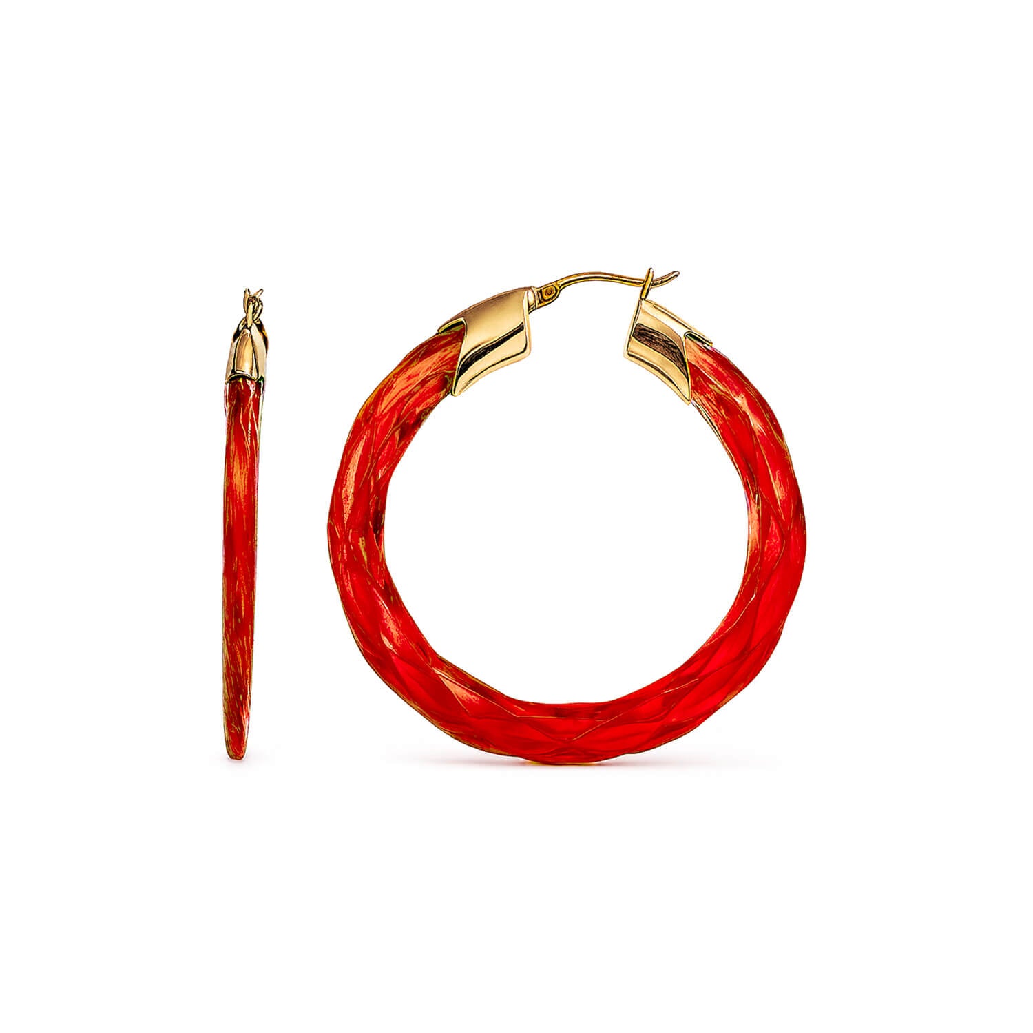 Red hoop earrings with gold accents on a white background