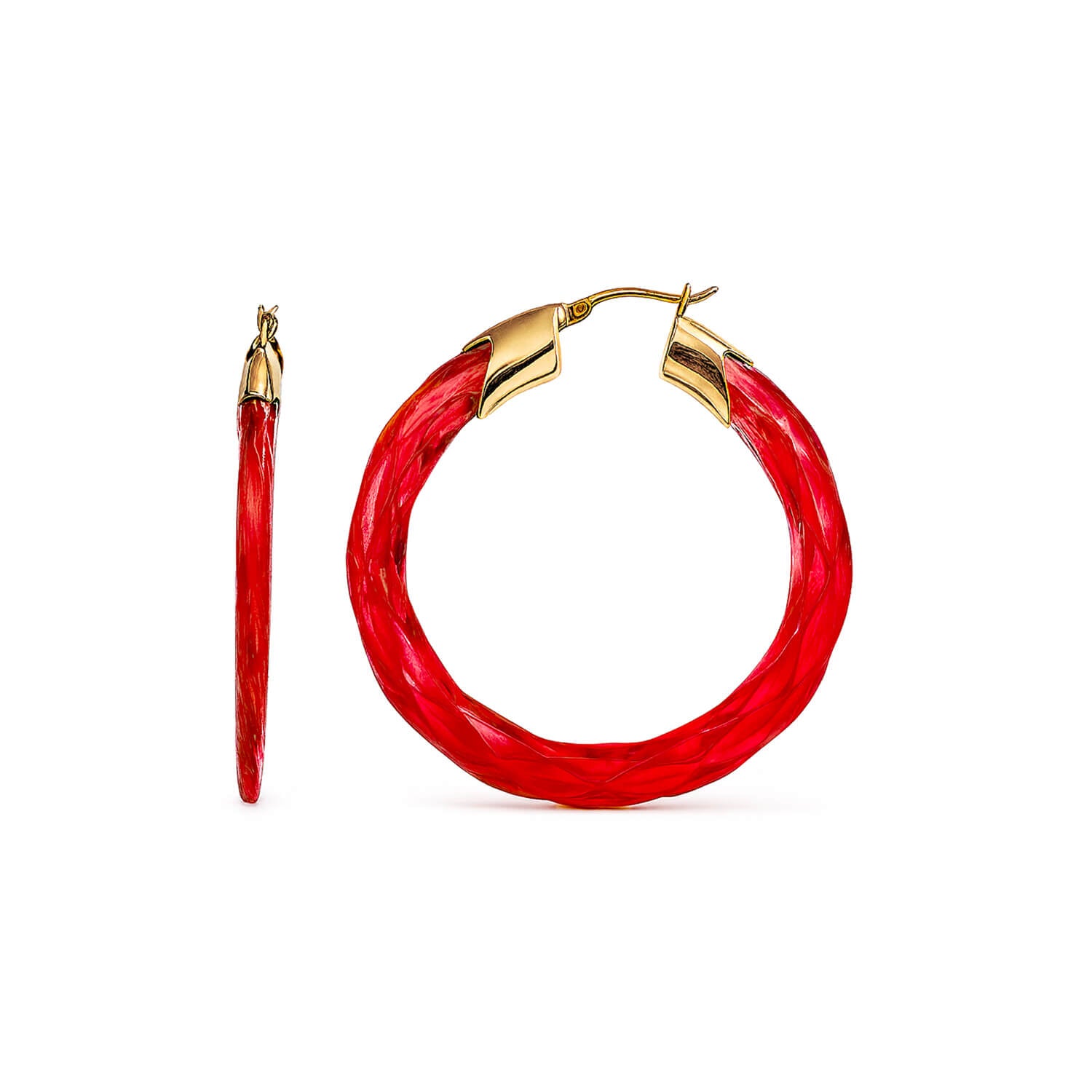 Red hoop earrings with gold accents on a white background