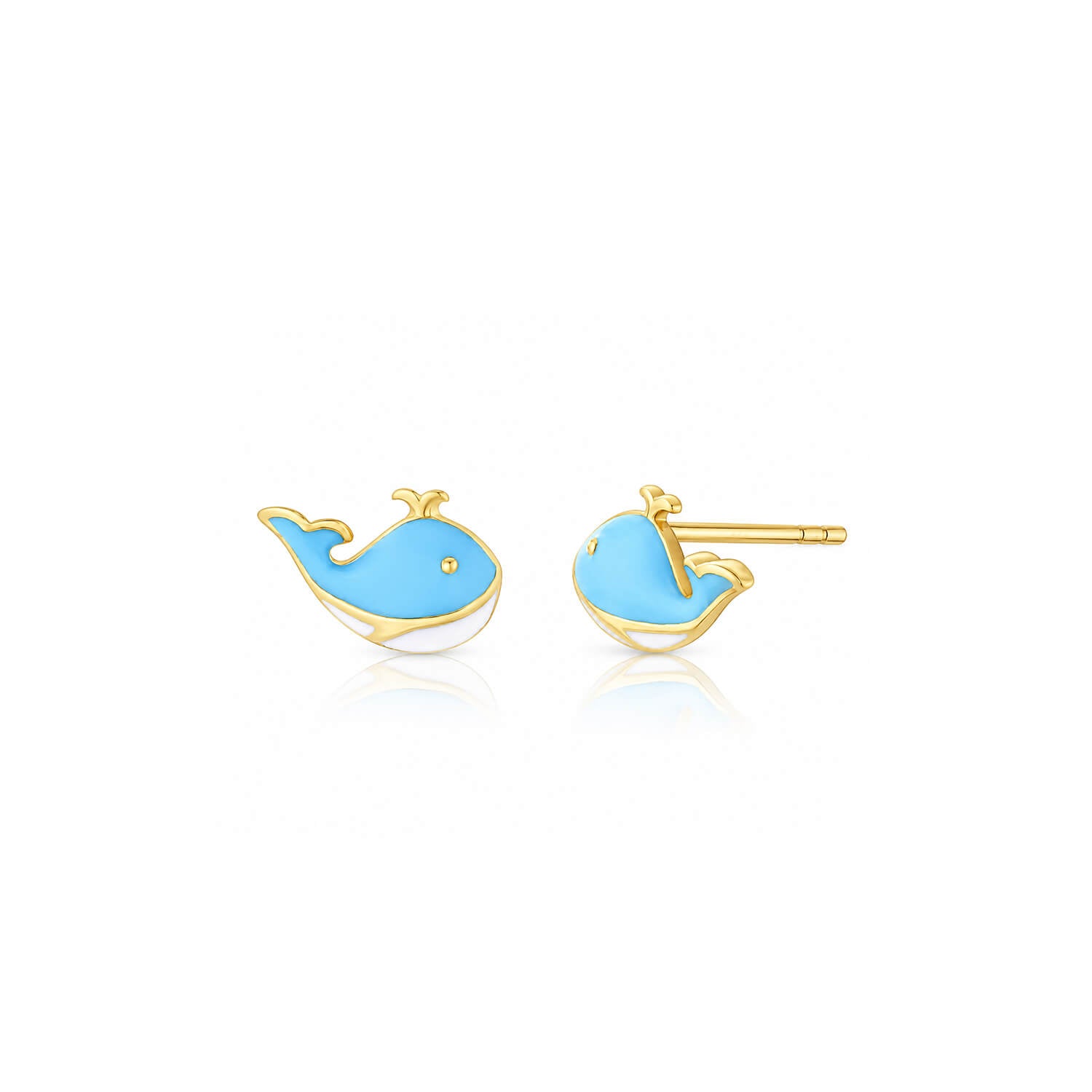 Pair of gold whale-shaped earrings with blue accents on a white background