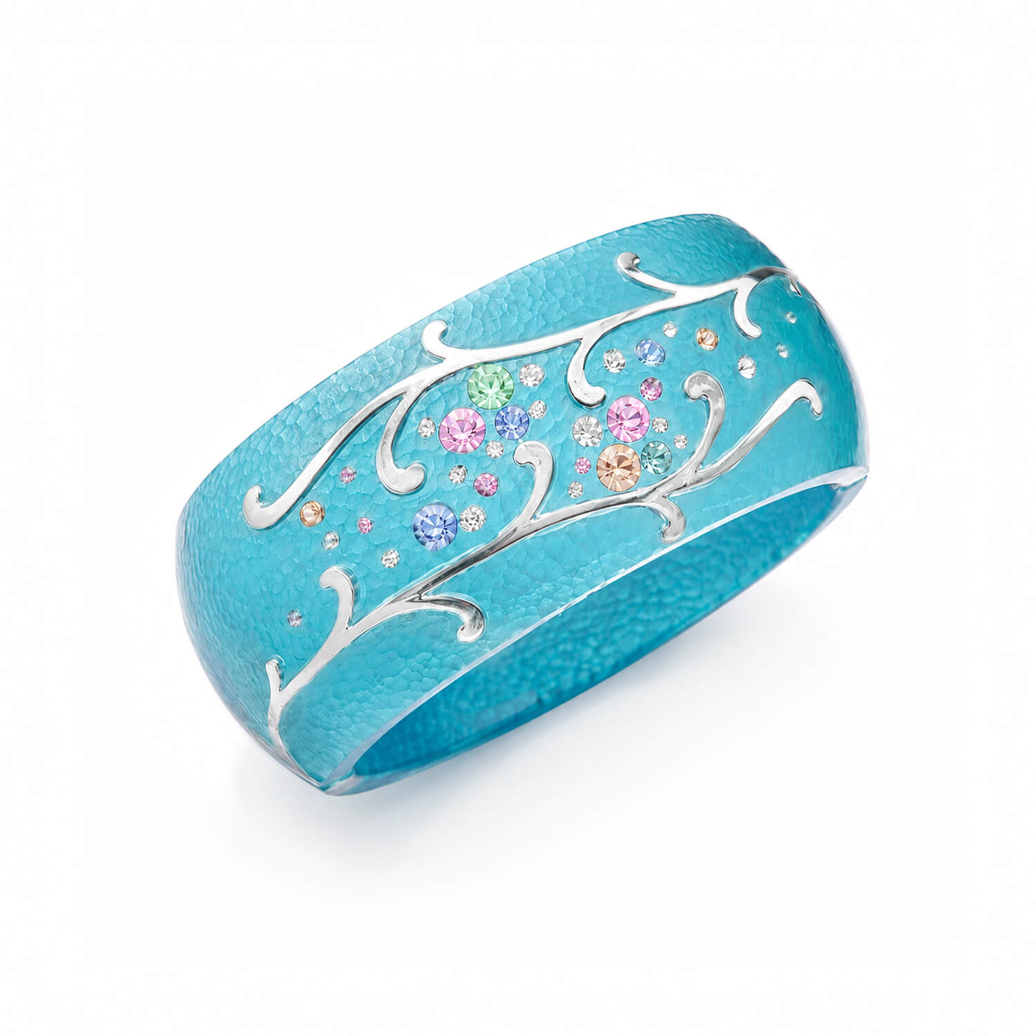 Turquoise bracelet with silver floral design and colorful stones on a white background