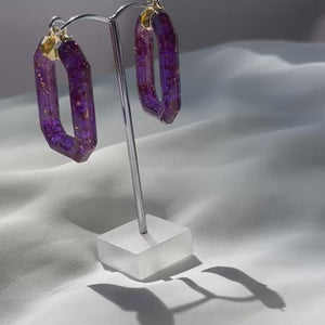 Purple and Gold Flakes Emerald Cut Hoops