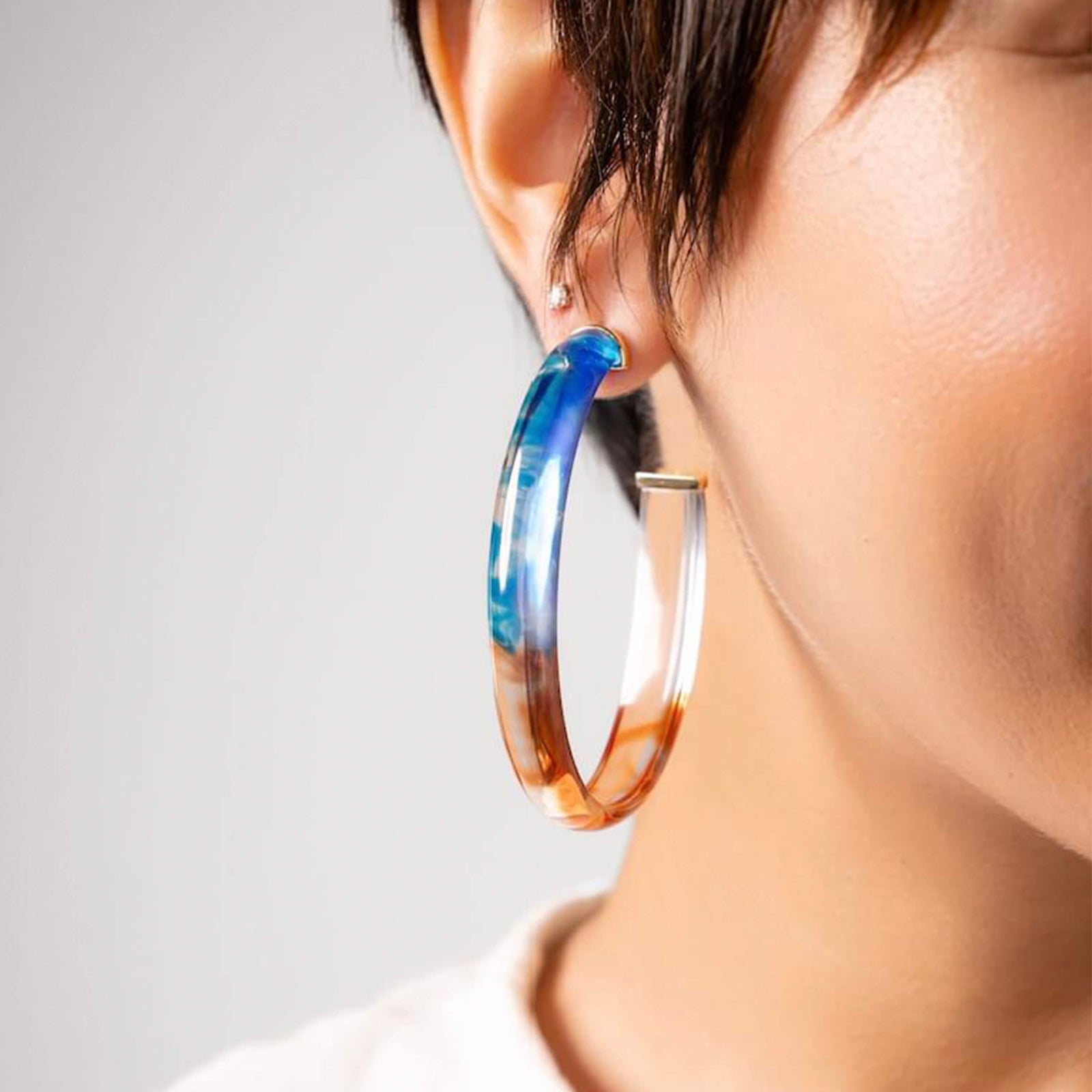 Orange and Blue Tie Dye Lucite Hoop Earrings