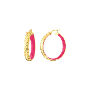 Pink Enamel Hammered Hoop Earrings