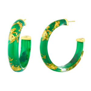 Holiday Earrings Green Gold Leaf Hoops