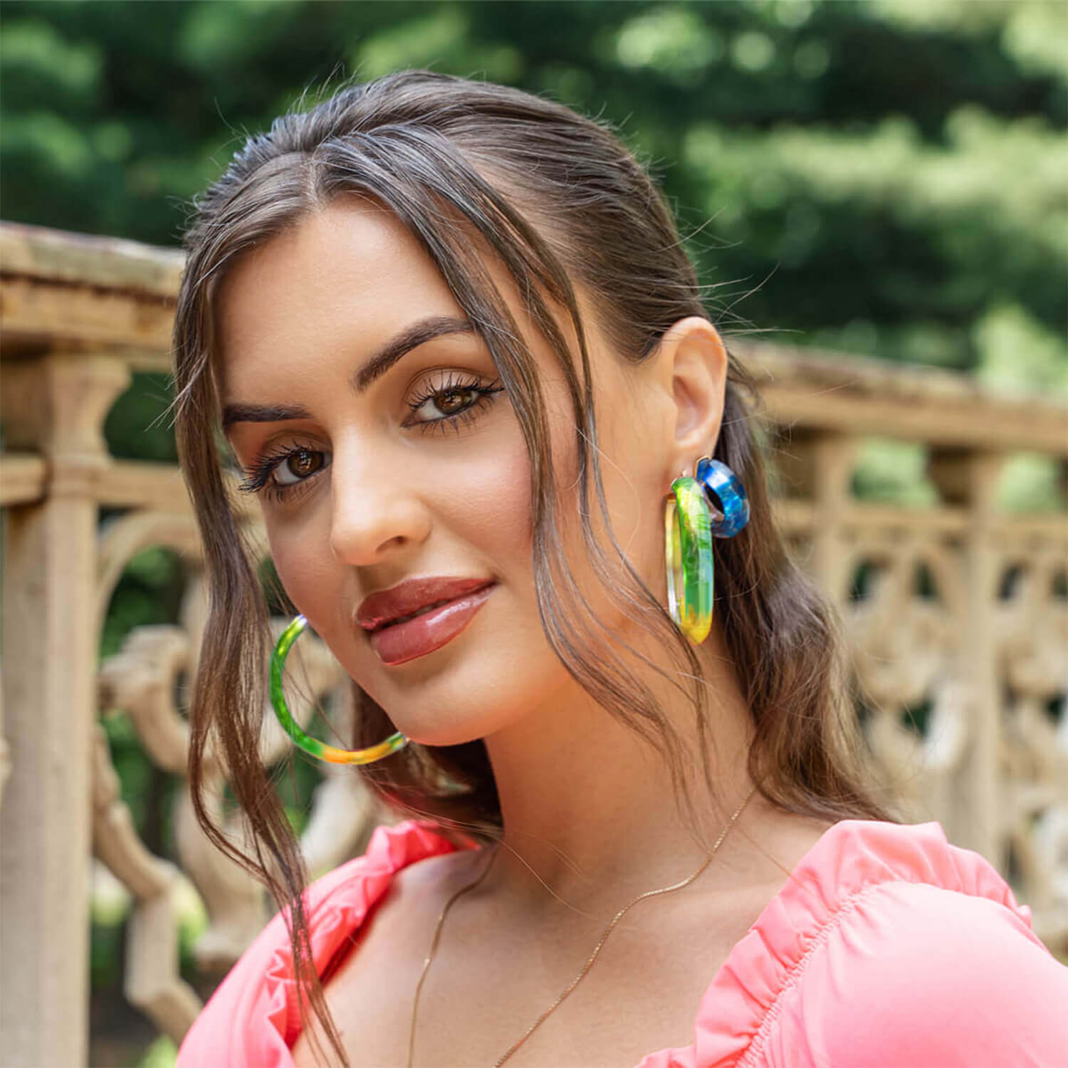 Green and Yellow Tie Dye Lucite Hoops