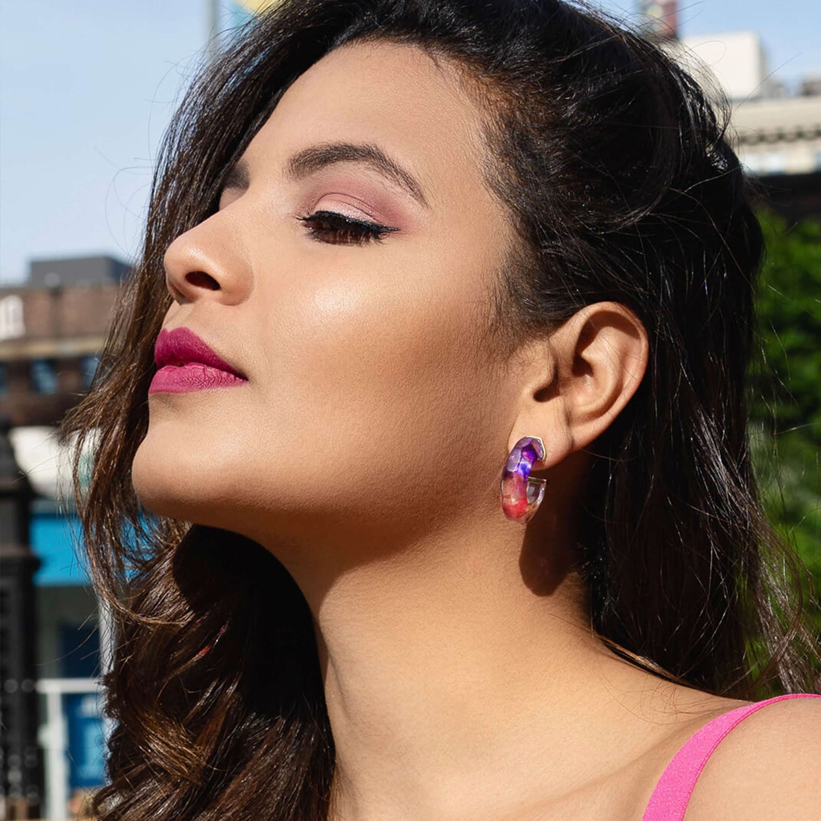 Purple and Punk Tie Dye Lucite Huggie Earrings