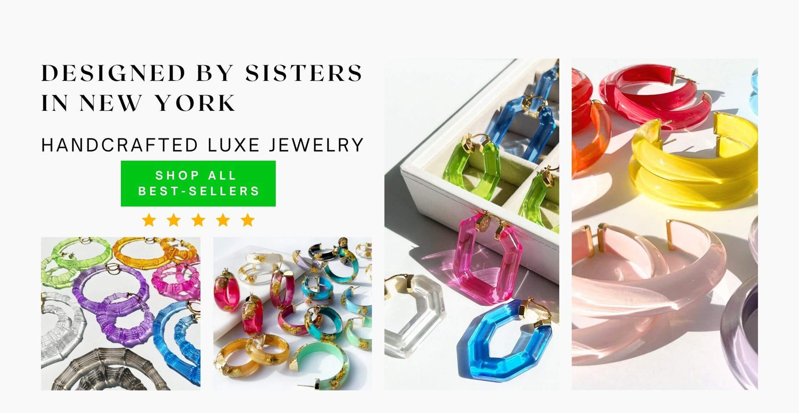 Colorful jewelry pieces with 'Designed by Sisters in New York' text on a white background