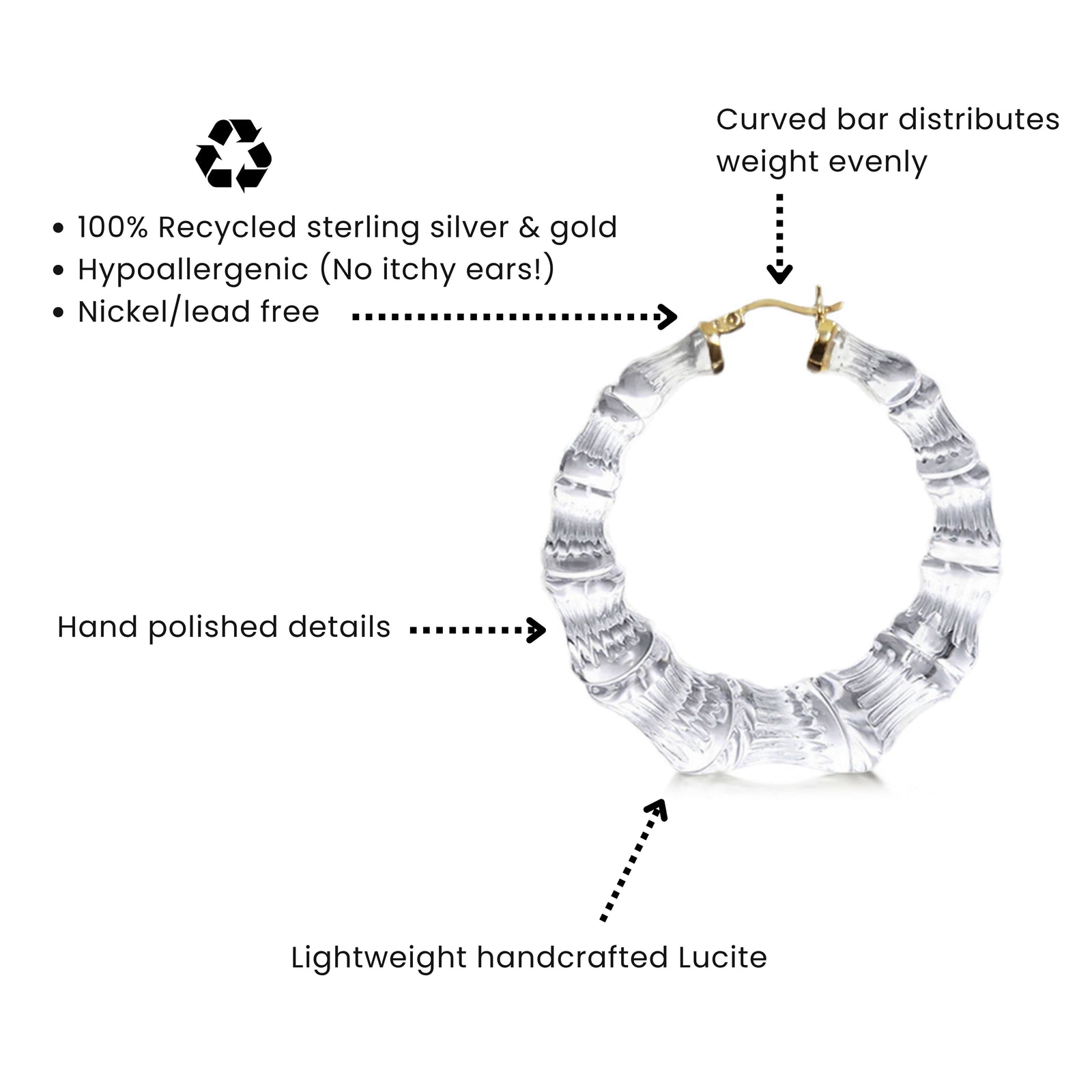 CLEAR BAMBOO HOOP EARRING ON WHITE BACKGROUND HIGHLIGHTING FEATURES WITH ARROWS