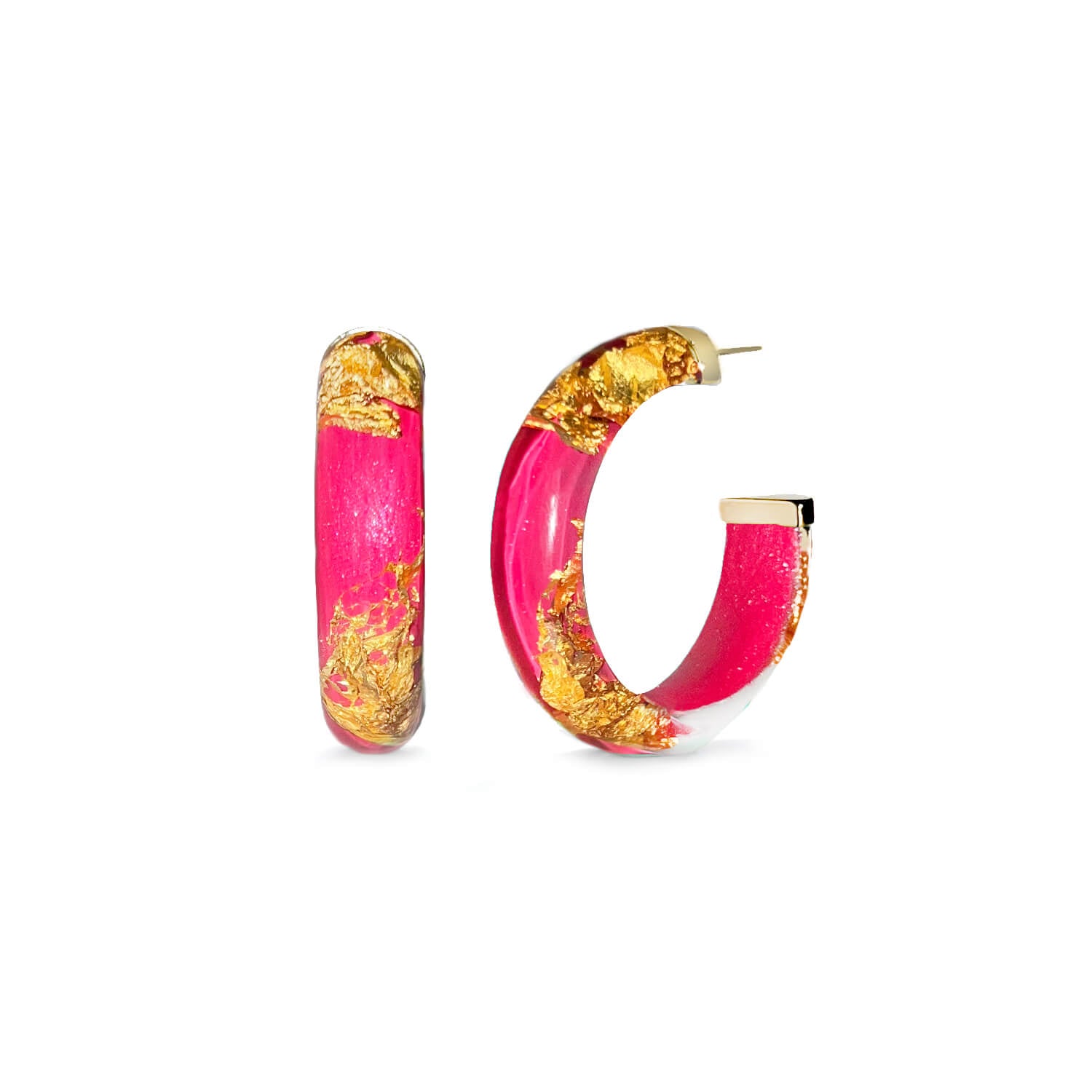 hot pink glitter 24k gold leaf hoop earrings
