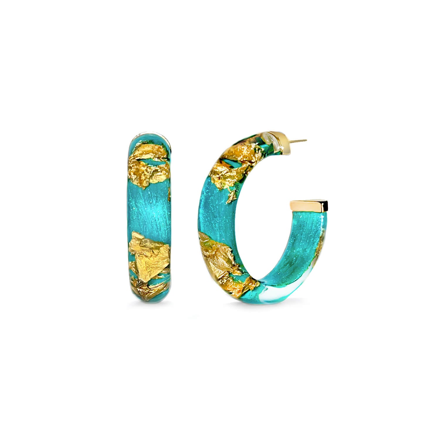 TEAL 24k GOLD LEAF LUCITE HOOP EARRINGS
